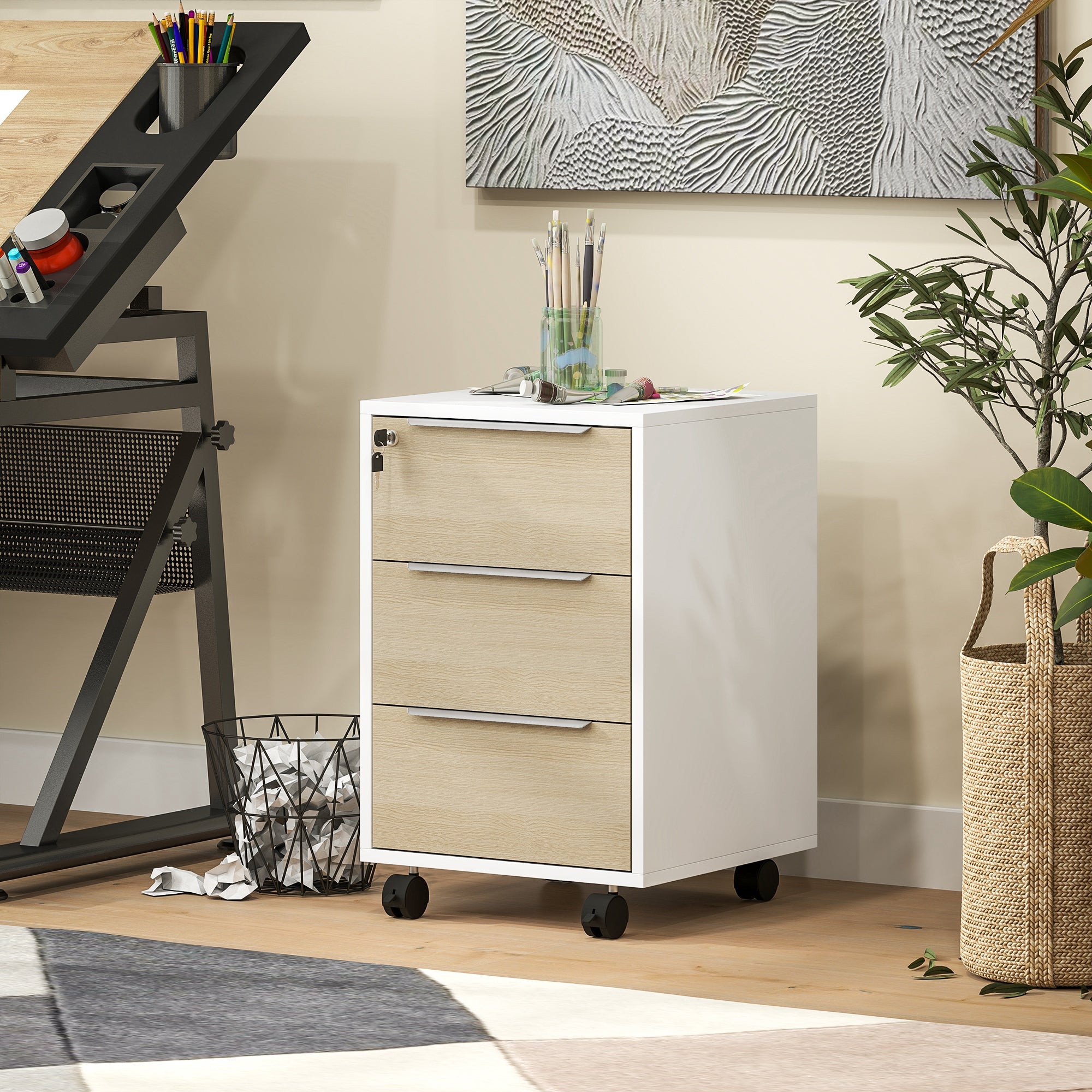 3 Drawer File Cabinet with Wheels, Vertical Filing Cabinet with Lock, Oak-Office Products > Office Furniture > Office Cabinets & Cupboards-DECOROLALA