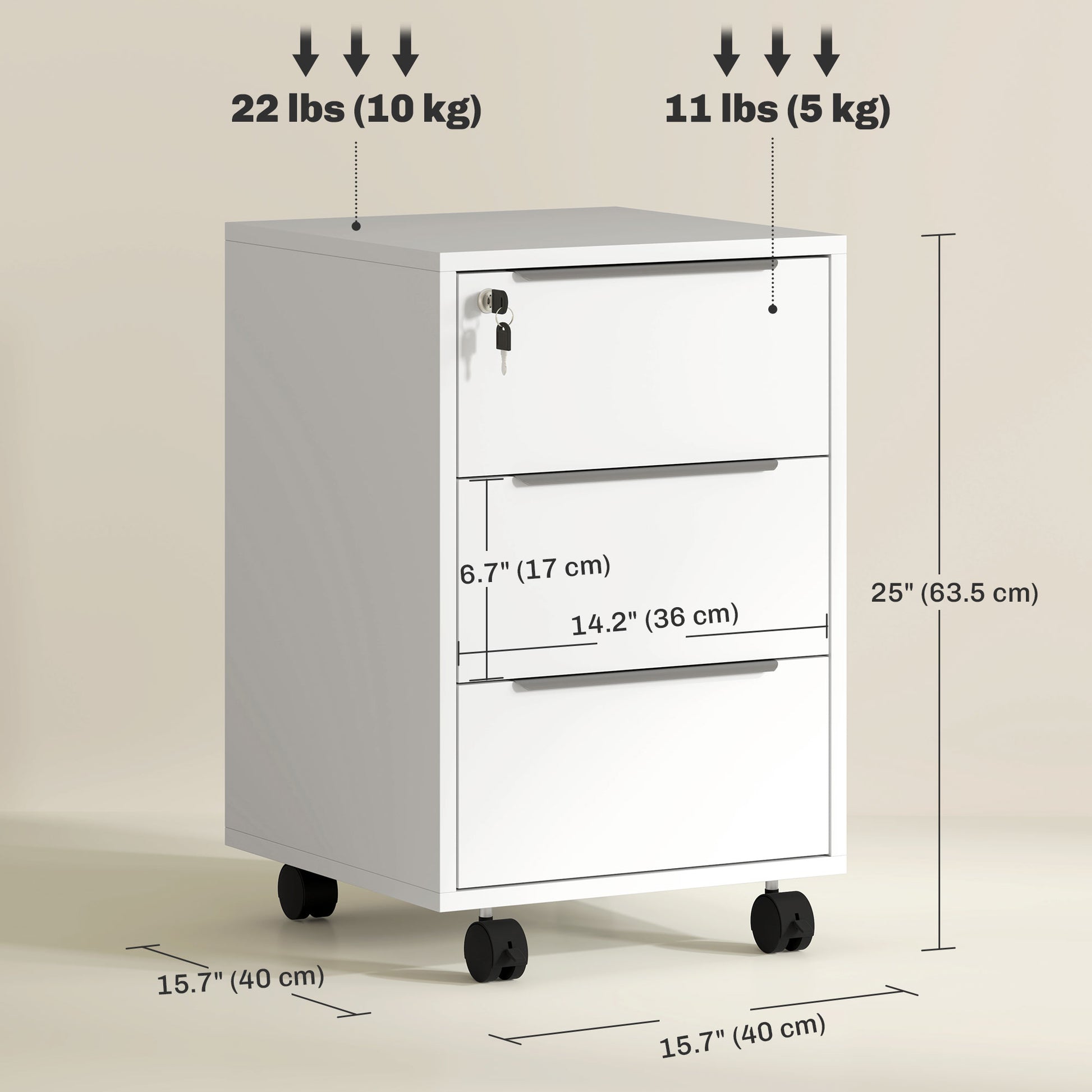 3-Drawer File Cabinet with Wheels, Vertical Filing Cabinet with Lock, White-Office Products > Office Furniture > Office Cabinets & Cupboards-DECOROLALA