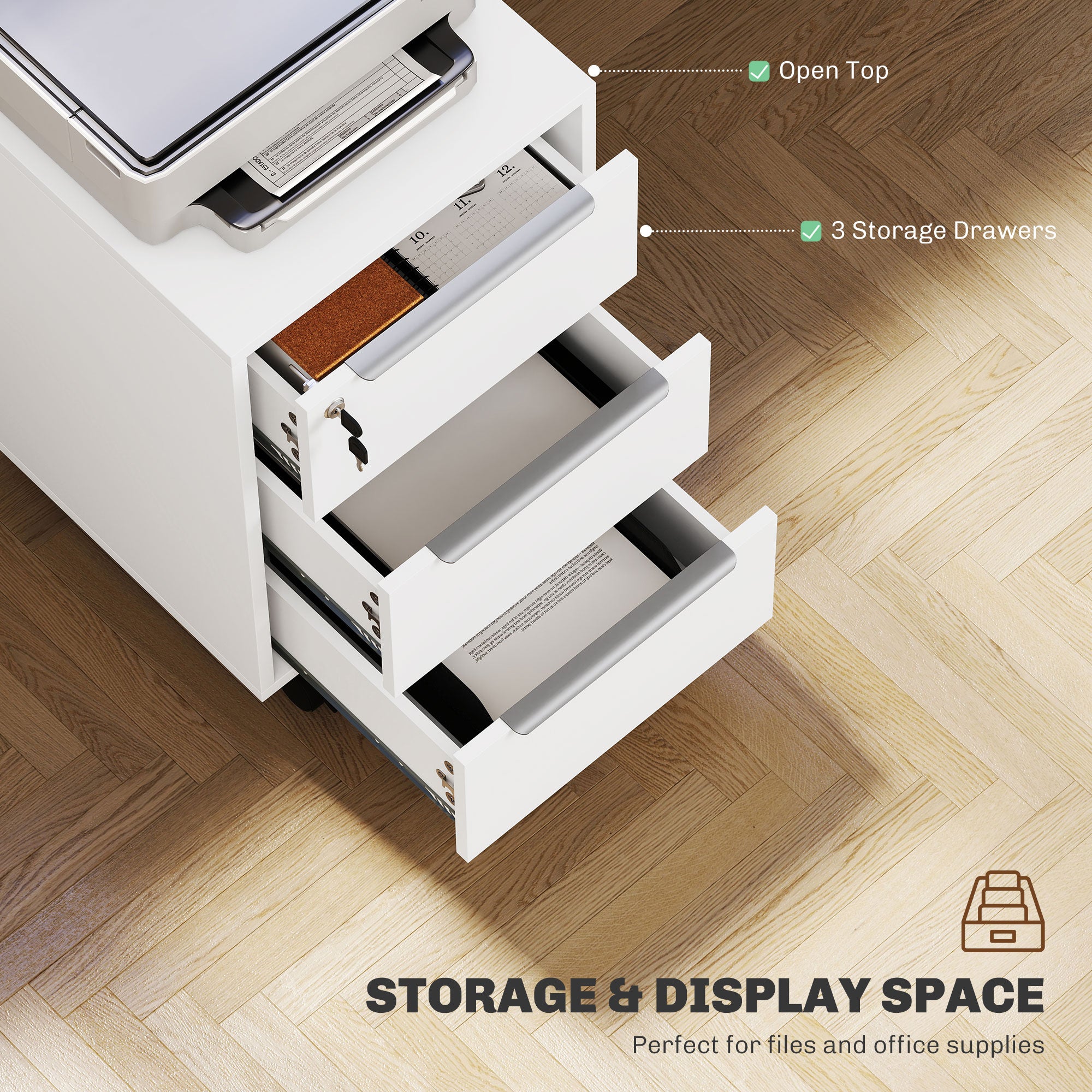 3-Drawer File Cabinet with Wheels, Vertical Filing Cabinet with Lock, White-Office Products > Office Furniture > Office Cabinets & Cupboards-DECOROLALA
