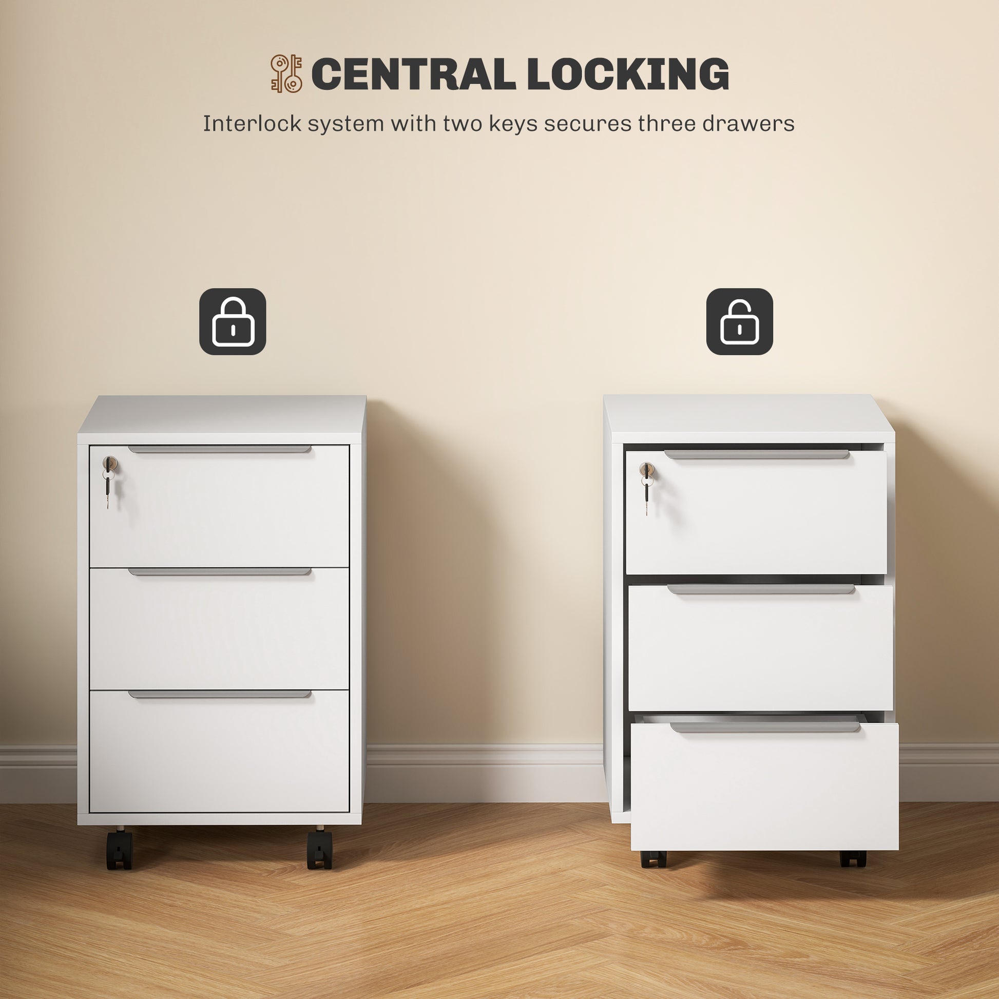 3-Drawer File Cabinet with Wheels, Vertical Filing Cabinet with Lock, White-Office Products > Office Furniture > Office Cabinets & Cupboards-DECOROLALA
