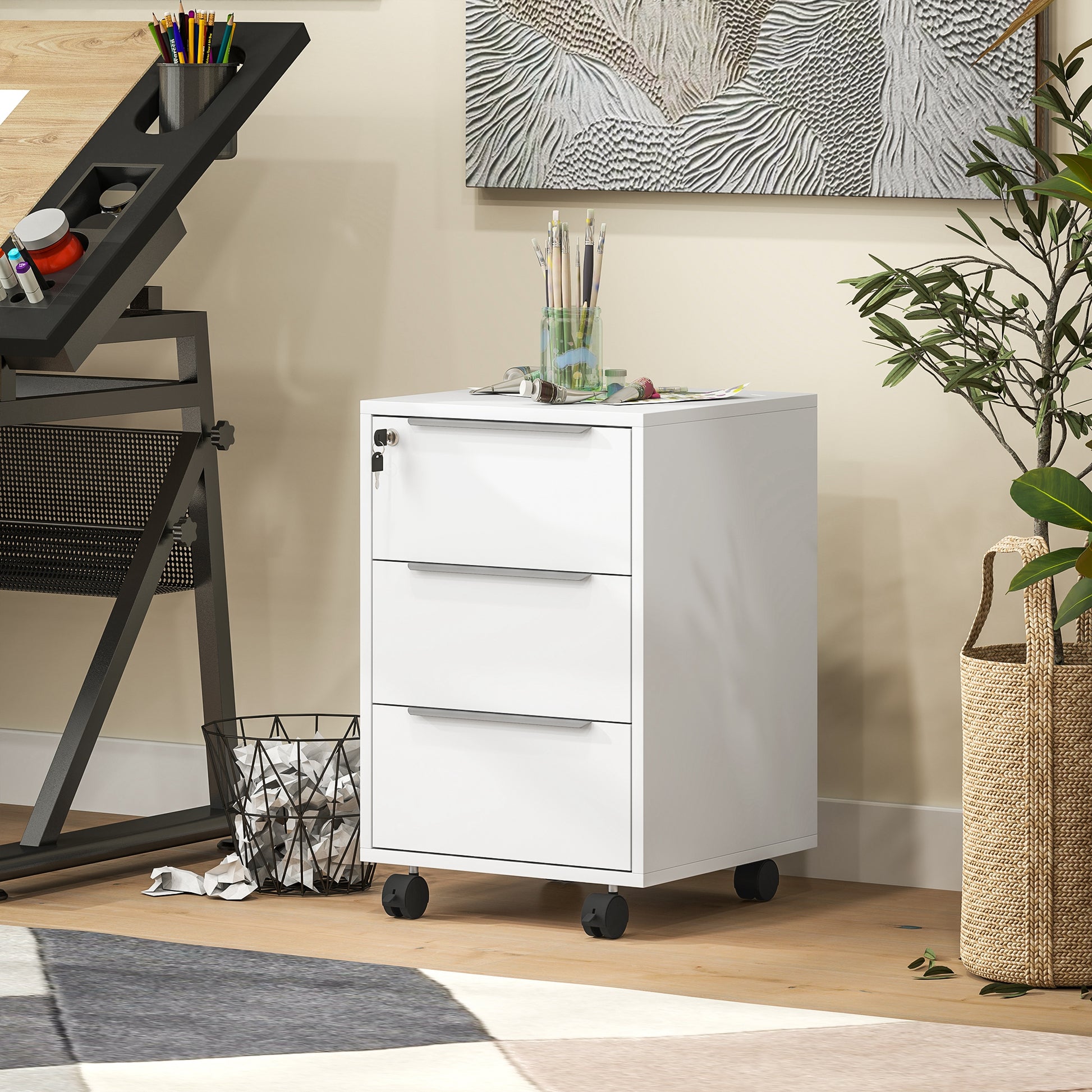 3-Drawer File Cabinet with Wheels, Vertical Filing Cabinet with Lock, White-Office Products > Office Furniture > Office Cabinets & Cupboards-DECOROLALA