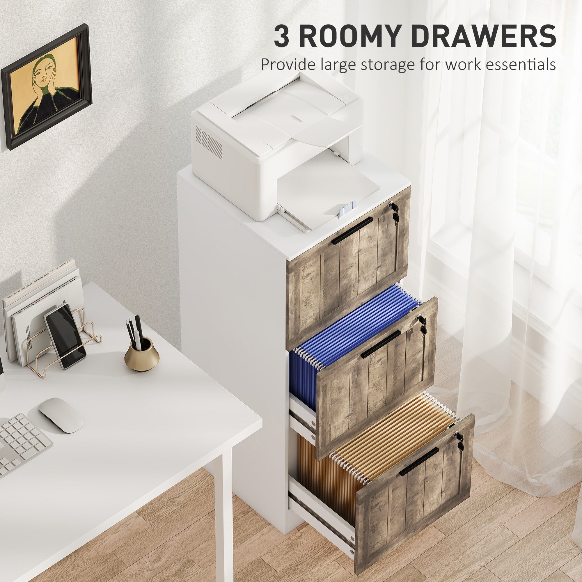 3 Drawer Filing Cabinet, Farmhouse File Cabinet with Lock, Adjustable Hanging Rails for A4 Letter Size Files, White-Office Products > Office Furniture > Office Cabinets & Cupboards-DECOROLALA