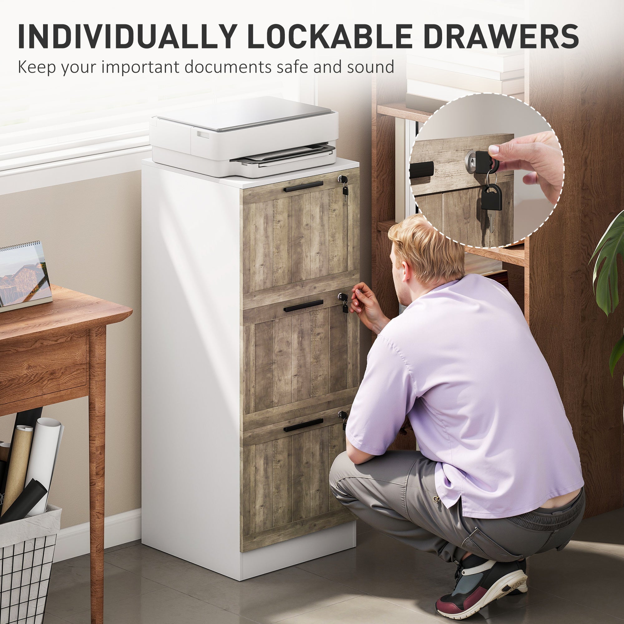 3 Drawer Filing Cabinet, Farmhouse File Cabinet with Lock, Adjustable Hanging Rails for A4 Letter Size Files, White-Office Products > Office Furniture > Office Cabinets & Cupboards-DECOROLALA