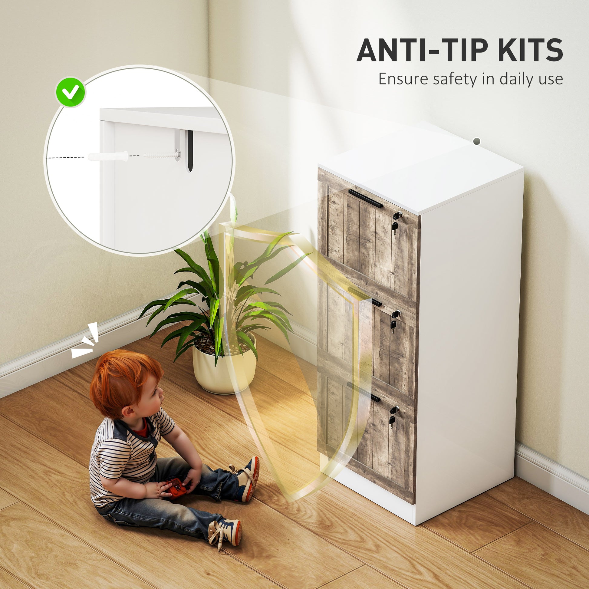 3 Drawer Filing Cabinet, Farmhouse File Cabinet with Lock, Adjustable Hanging Rails for A4 Letter Size Files, White-Office Products > Office Furniture > Office Cabinets & Cupboards-DECOROLALA