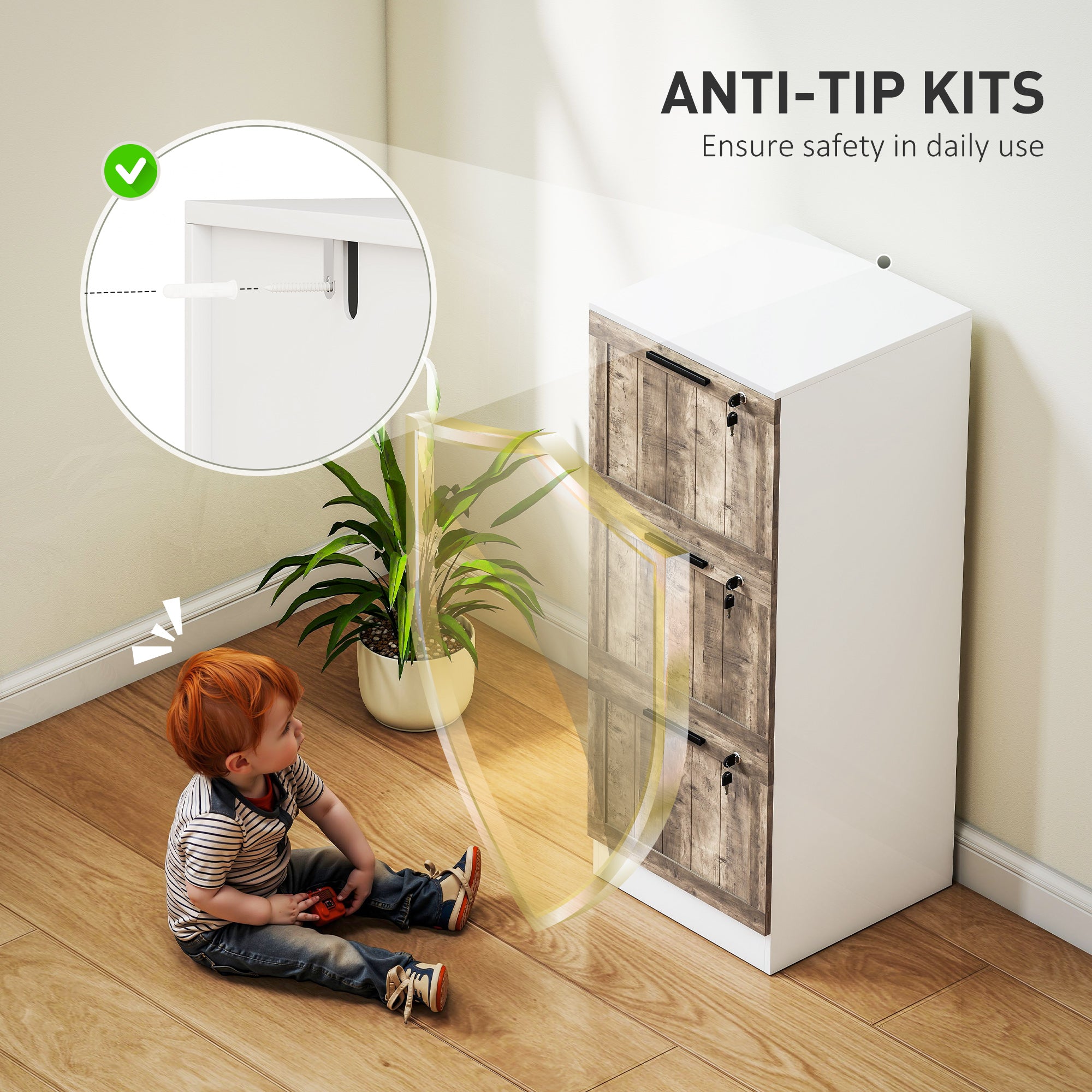 3 Drawer Filing Cabinet, Farmhouse File Cabinet with Lock, Adjustable Hanging Rails for A4 Letter Size Files, White-Office Products > Office Furniture > Office Cabinets & Cupboards-DECOROLALA