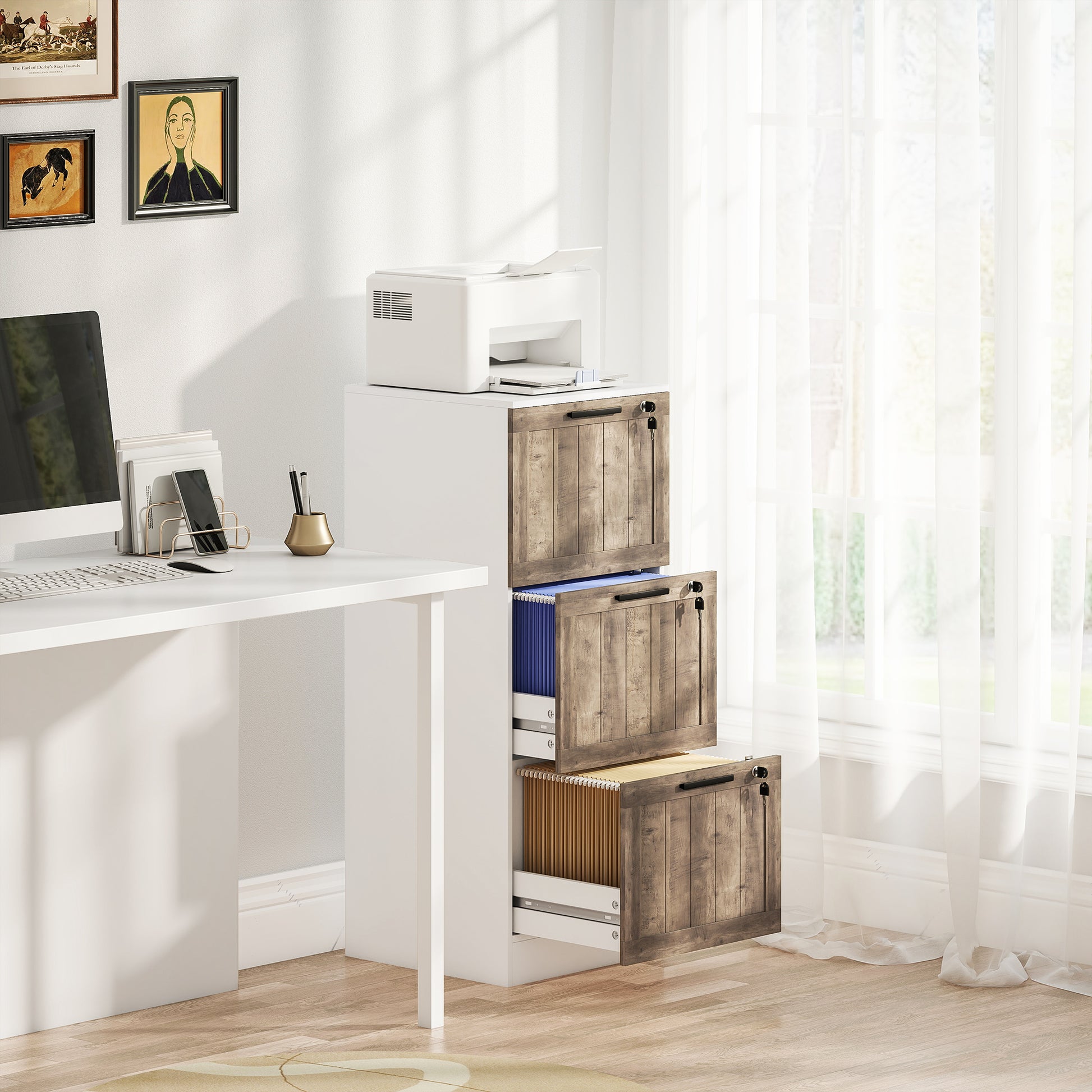 3 Drawer Filing Cabinet, Farmhouse File Cabinet with Lock, Adjustable Hanging Rails for A4 Letter Size Files, White-Office Products > Office Furniture > Office Cabinets & Cupboards-DECOROLALA
