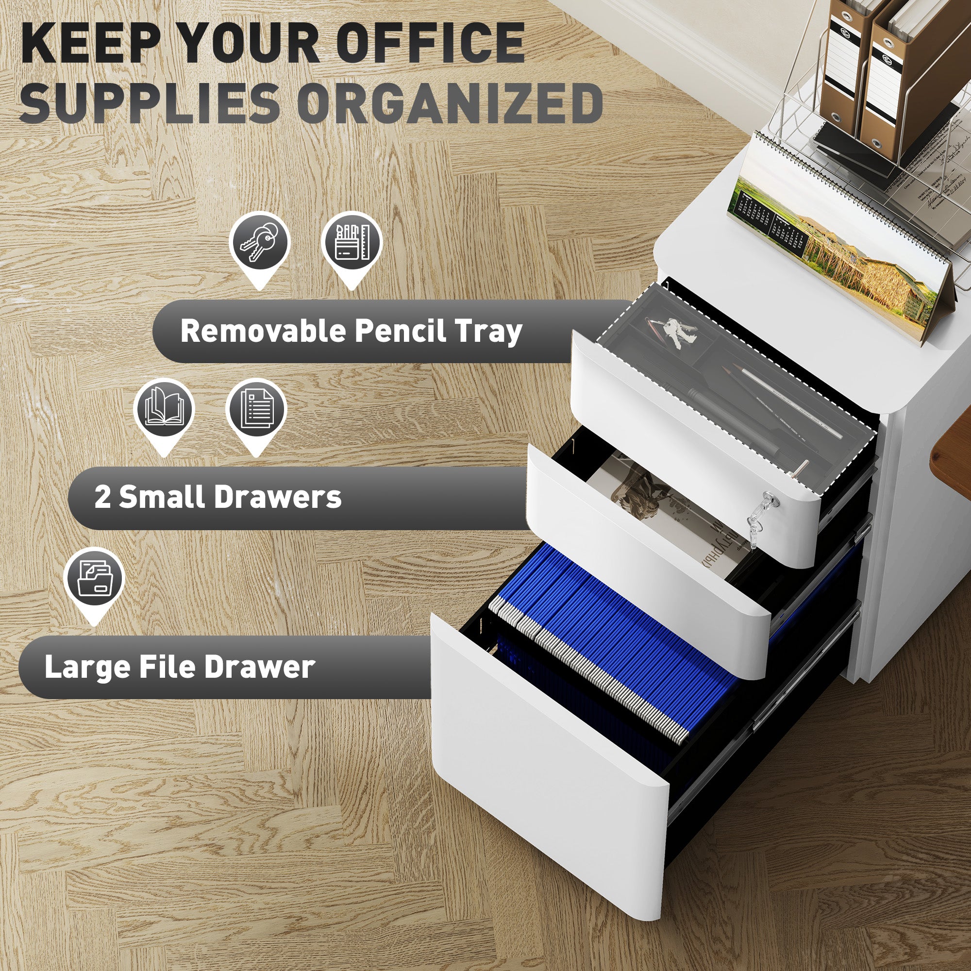 3 Drawer Filing Cabinet, Lockable Steel Office Storage Cabinet with Hanging Bar for Letter, A4, Legal Files, White-Office Products > Office Furniture > Office Cabinets & Cupboards-DECOROLALA
