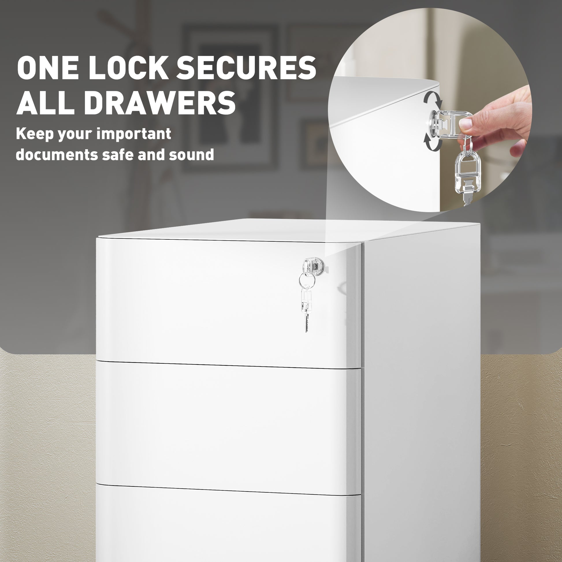 3 Drawer Filing Cabinet, Lockable Steel Office Storage Cabinet with Hanging Bar for Letter, A4, Legal Files, White-Office Products > Office Furniture > Office Cabinets & Cupboards-DECOROLALA