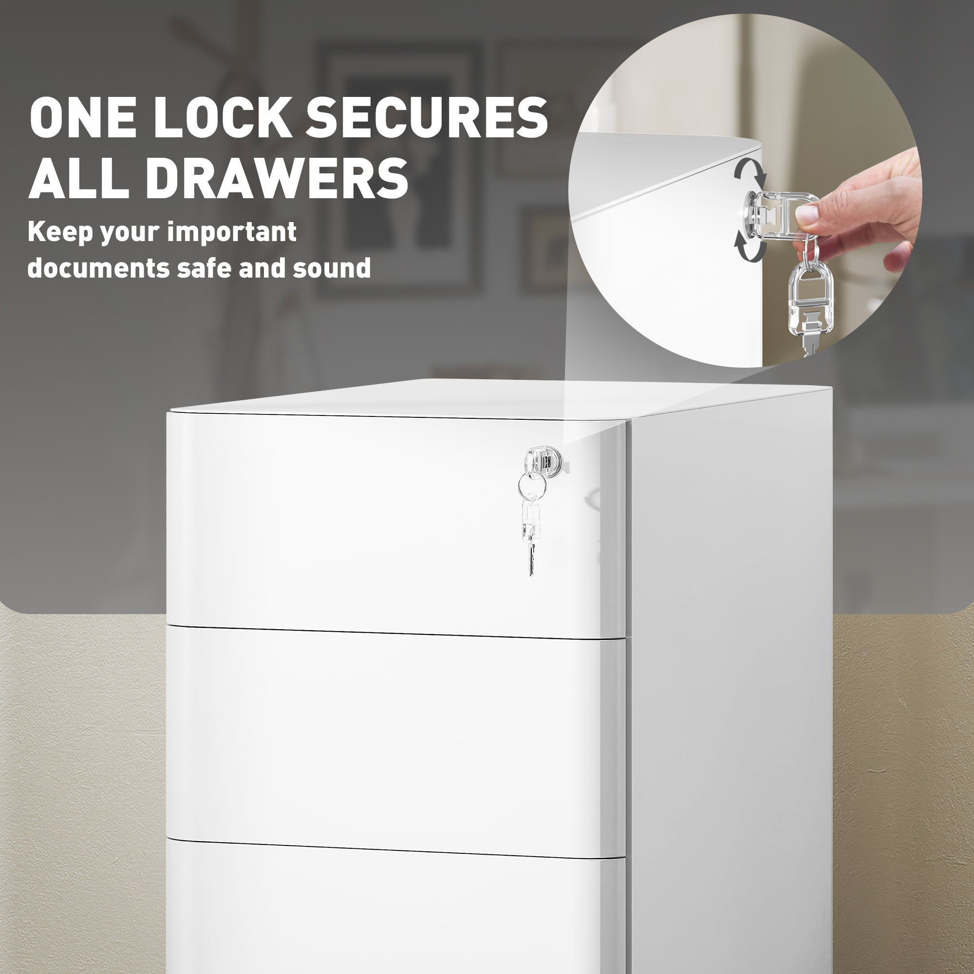 3 Drawer Filing Cabinet, Lockable Steel Office Storage Cabinet with Hanging Bar for Letter, A4, Legal Files, White-Office Products > Office Furniture > Office Cabinets & Cupboards-DECOROLALA
