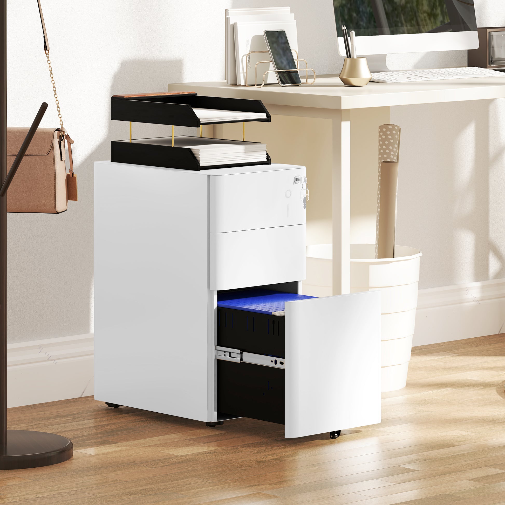 3 Drawer Filing Cabinet, Lockable Steel Office Storage Cabinet with Hanging Bar for Letter, A4, Legal Files, White-Office Products > Office Furniture > Office Cabinets & Cupboards-DECOROLALA