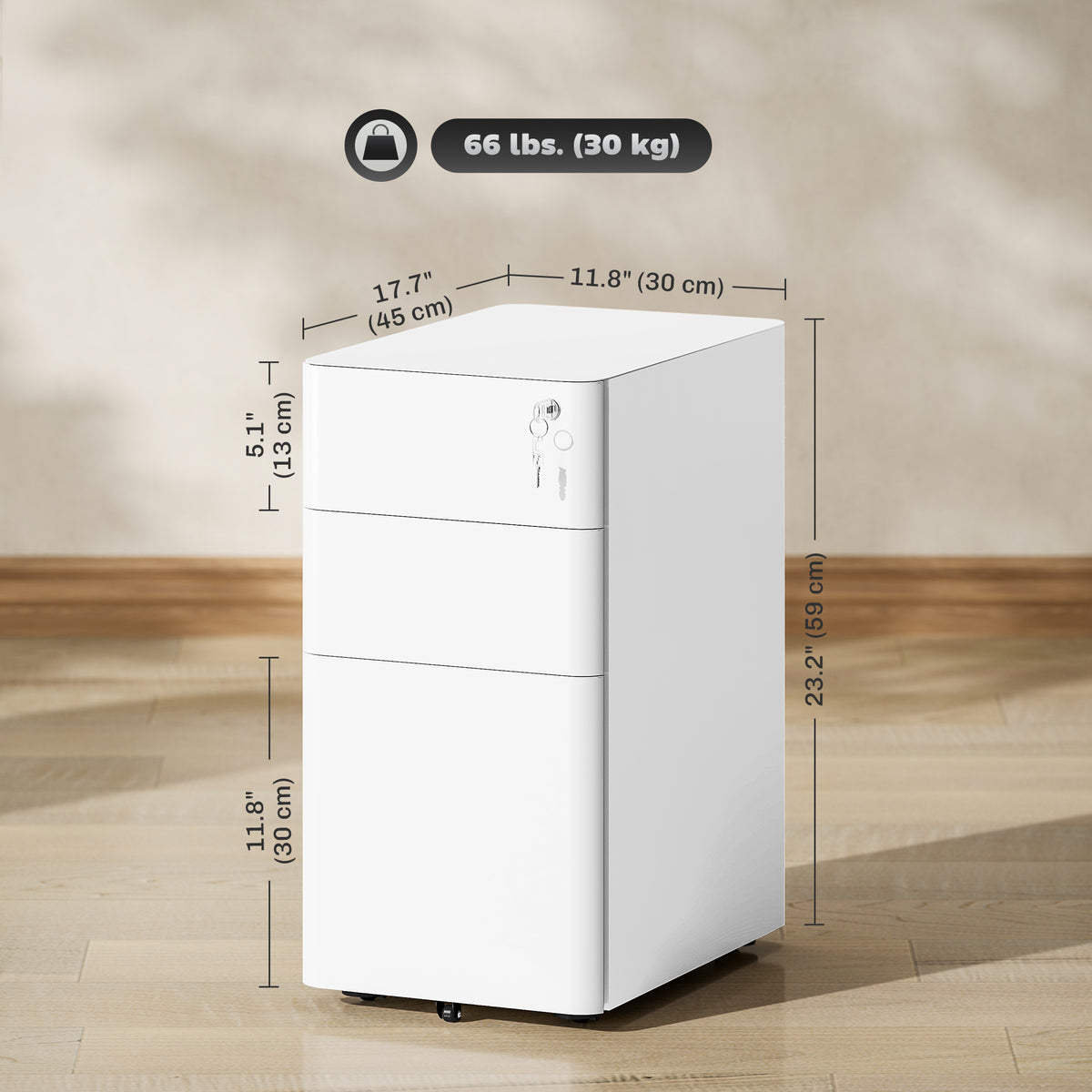 3 Drawer Filing Cabinet, Lockable Steel Office Storage Cabinet with Hanging Bar for Letter, A4, Legal Files, White-Office Storage Cabinets-DECOROLALA