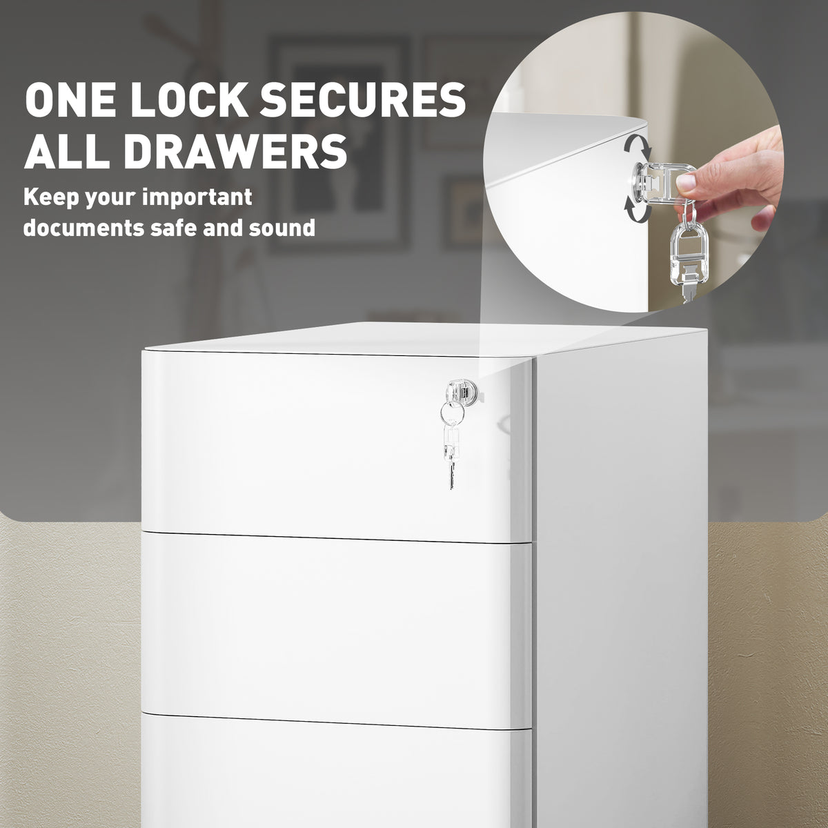 3 Drawer Filing Cabinet, Lockable Steel Office Storage Cabinet with Hanging Bar for Letter, A4, Legal Files, White-Office Storage Cabinets-DECOROLALA