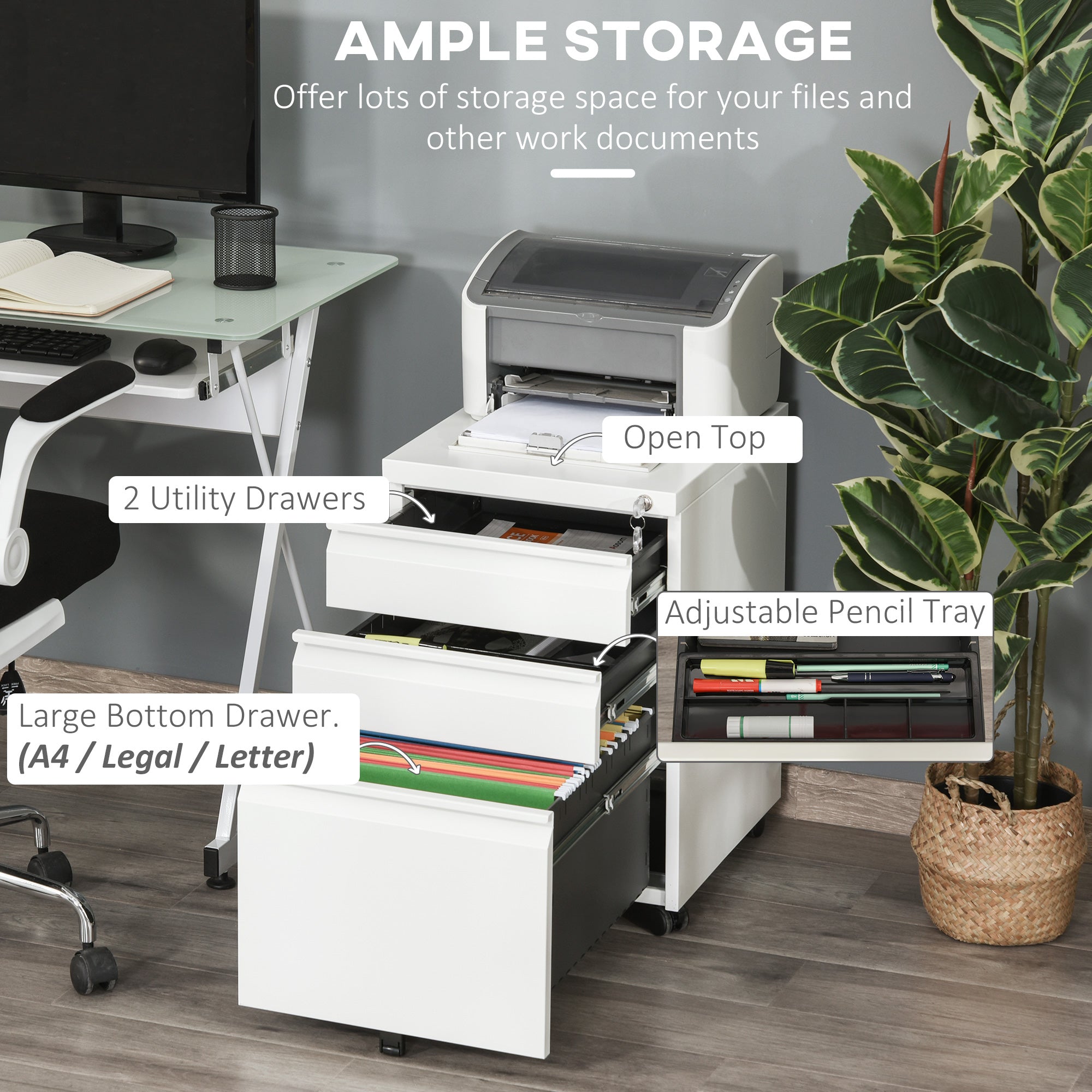 3 Drawer Filing Cabinet Lockable White Steel-DECOROLALA