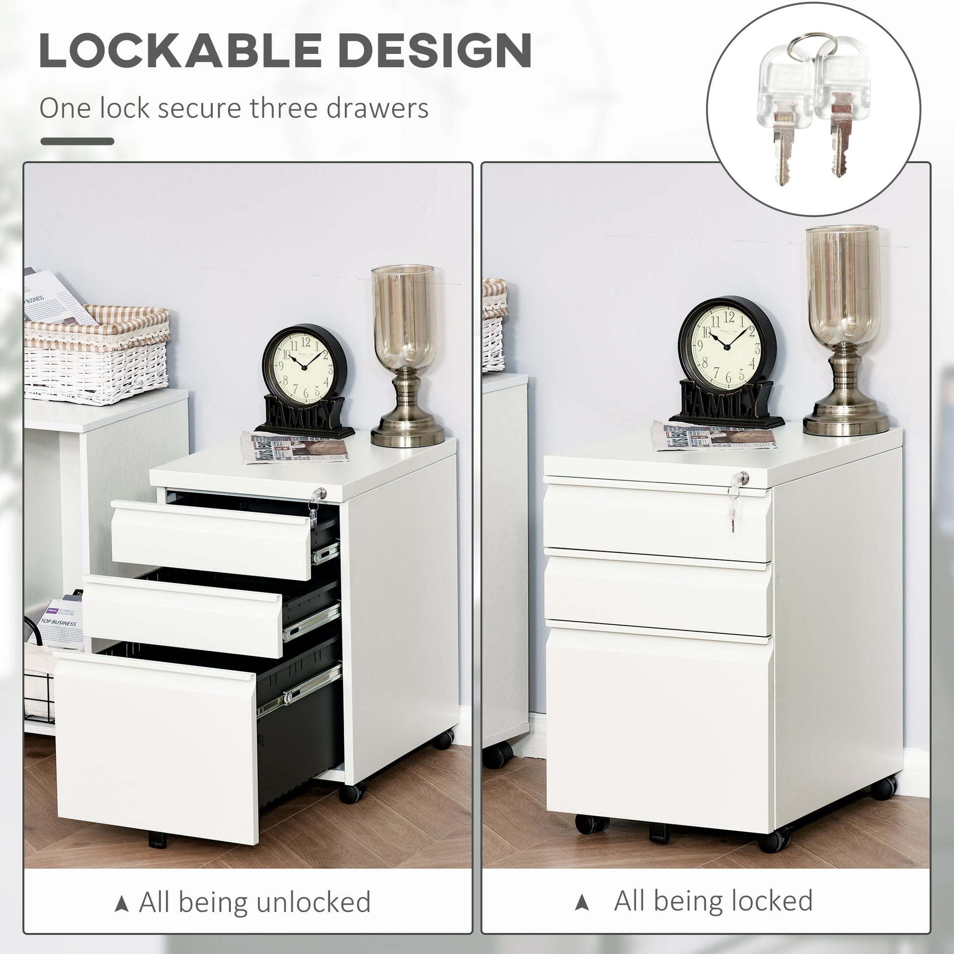 3 Drawer Filing Cabinet Lockable White Steel-DECOROLALA