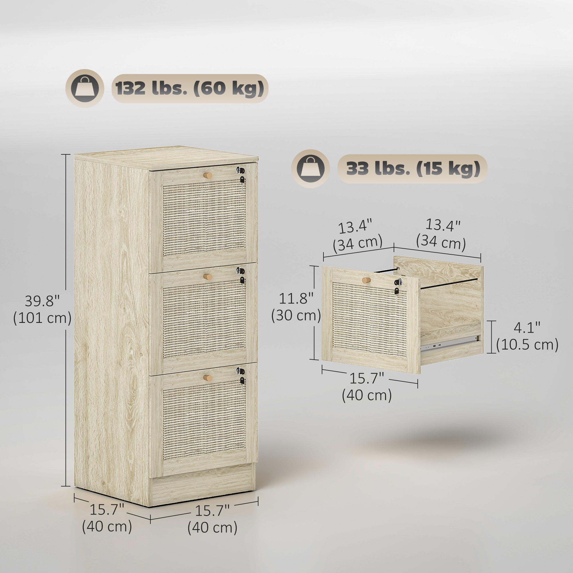 3 Drawer Filing Cabinet with Lock, Boho File Cabinet for A4 Letter Size Files with Decorative Rattan Accents, Oak-Office Products > Office Furniture > Office Cabinets & Cupboards-DECOROLALA