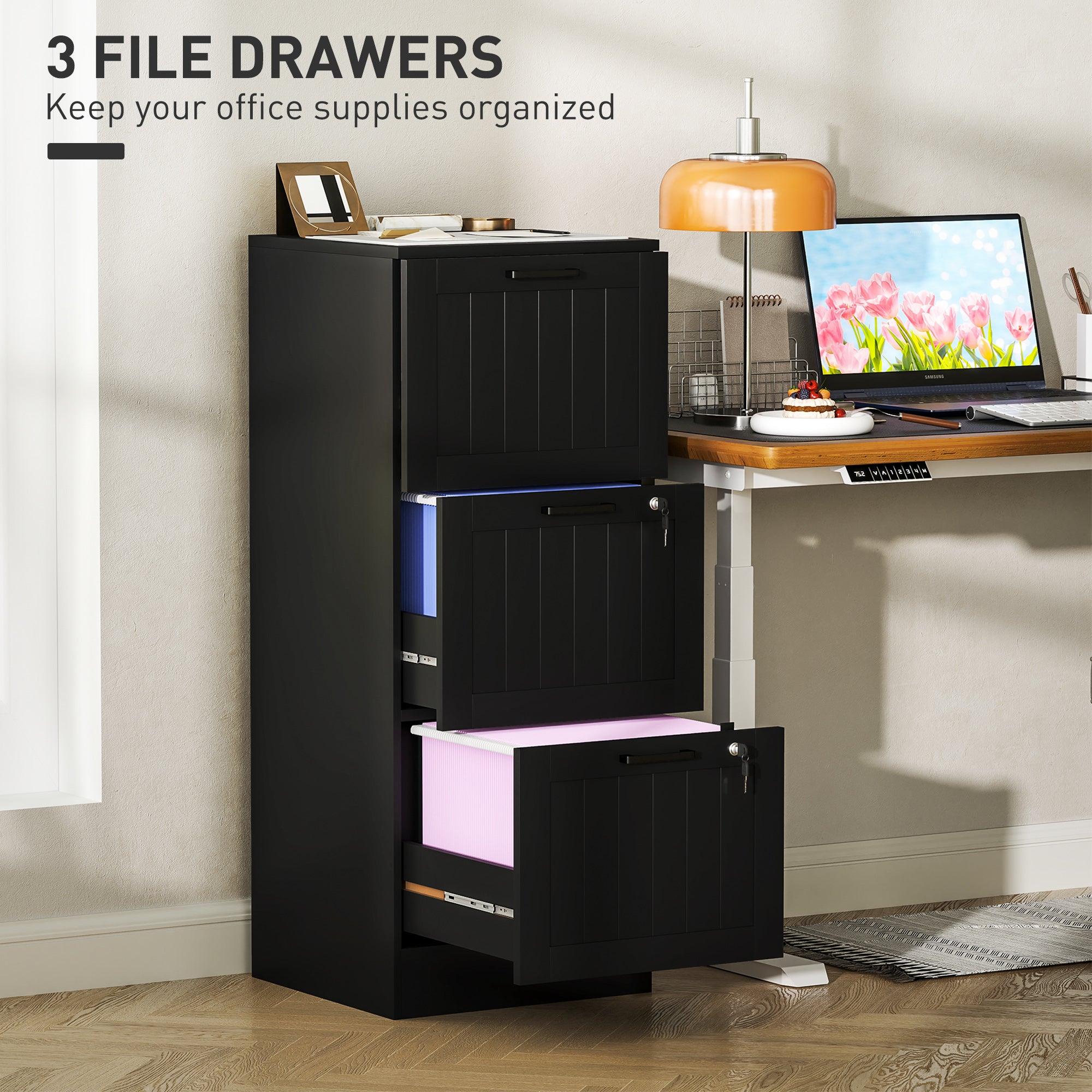 3 Drawer Filing Cabinet with Lock, Office Storage Cabinet with Adjustable Hanging Bars for A4 Letter Size Files, Black-Office Products > Office Furniture > Office Cabinets & Cupboards-DECOROLALA