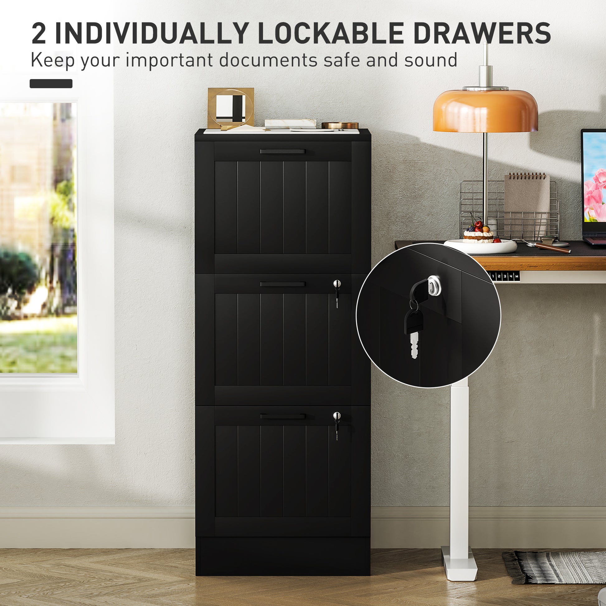 3 Drawer Filing Cabinet with Lock, Office Storage Cabinet with Adjustable Hanging Bars for A4 Letter Size Files, Black-Office Products > Office Furniture > Office Cabinets & Cupboards-DECOROLALA