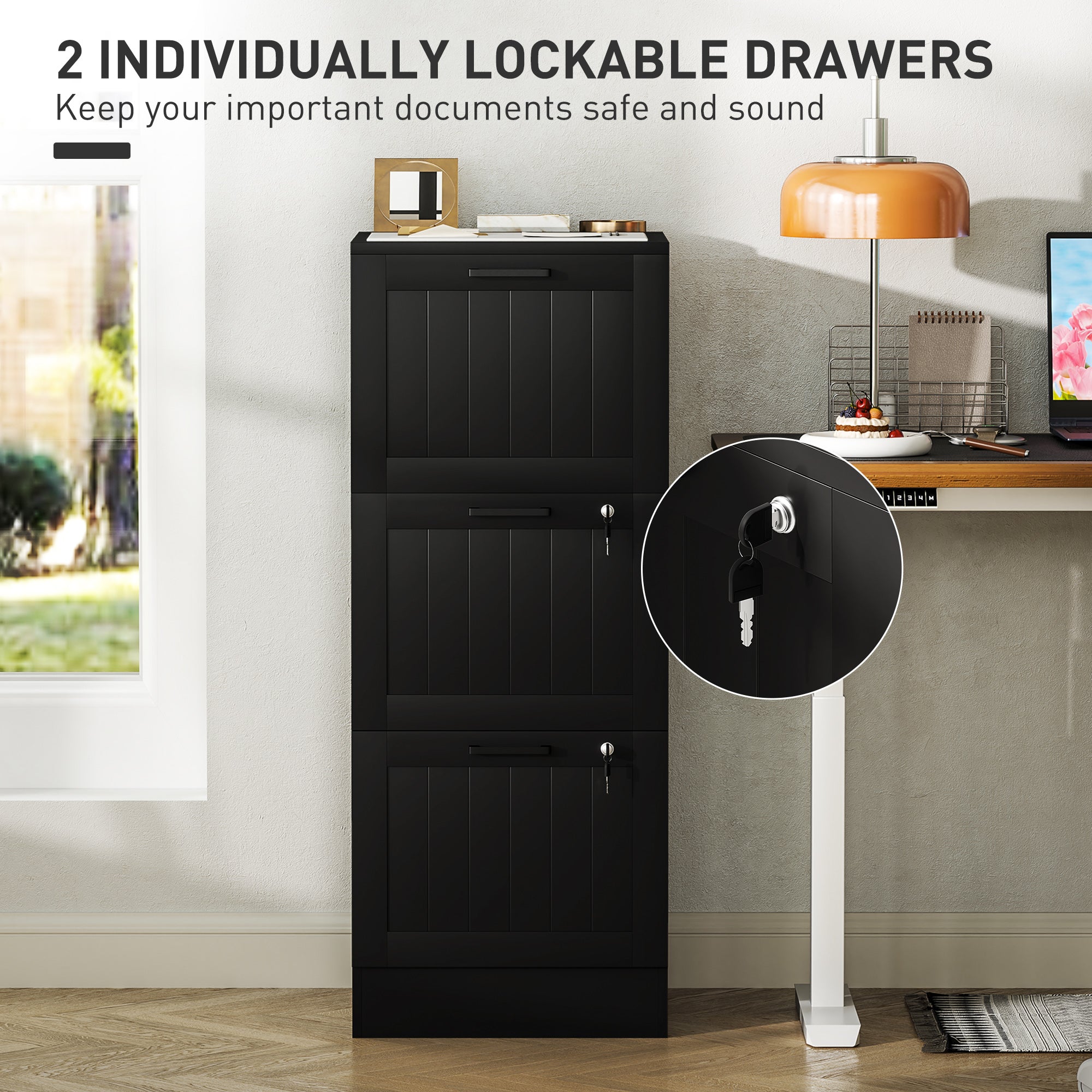 3 Drawer Filing Cabinet with Lock, Office Storage Cabinet with Adjustable Hanging Bars for A4 Letter Size Files, Black-Office Products > Office Furniture > Office Cabinets & Cupboards-DECOROLALA