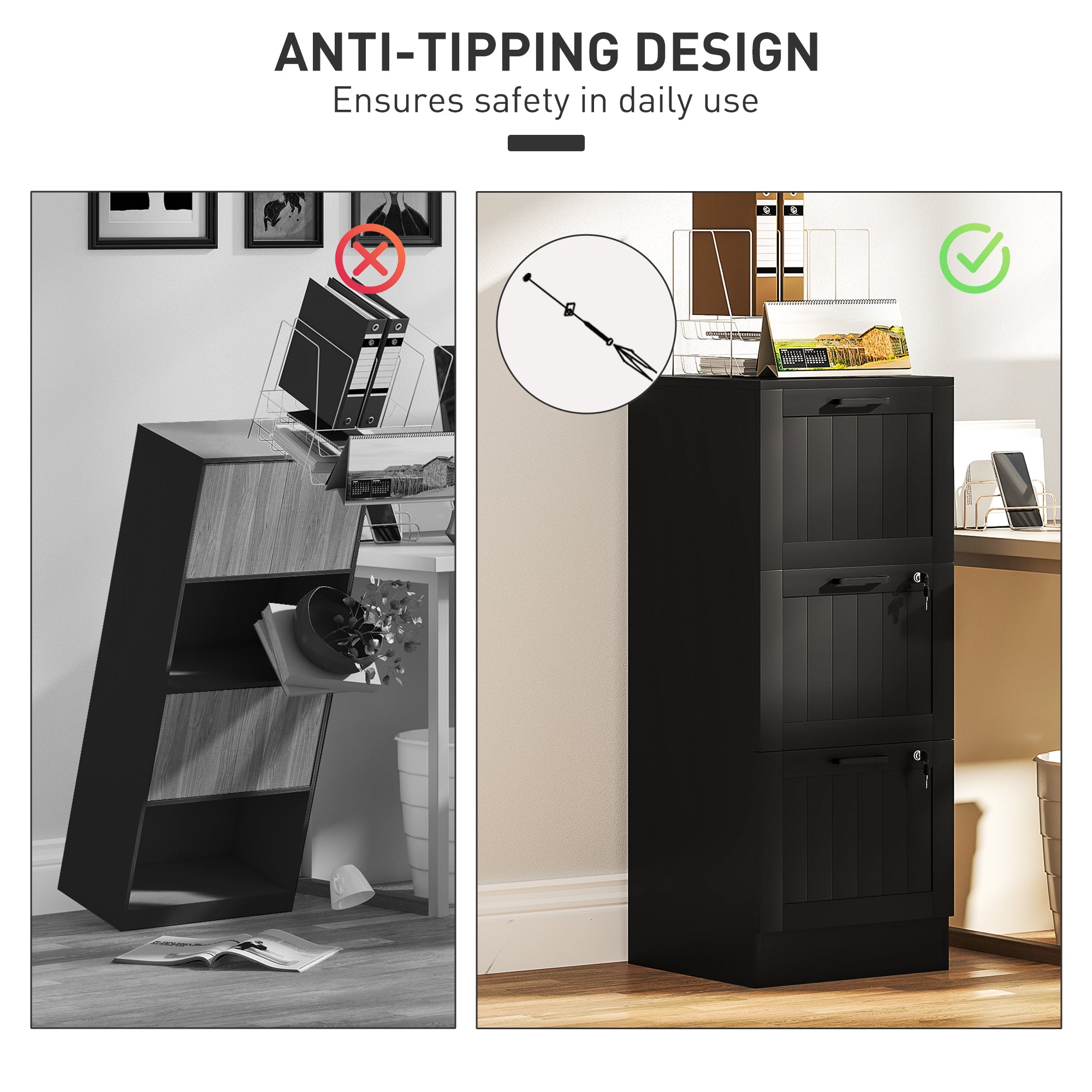 3 Drawer Filing Cabinet with Lock, Office Storage Cabinet with Adjustable Hanging Bars for A4 Letter Size Files, Black-Office Products > Office Furniture > Office Cabinets & Cupboards-DECOROLALA