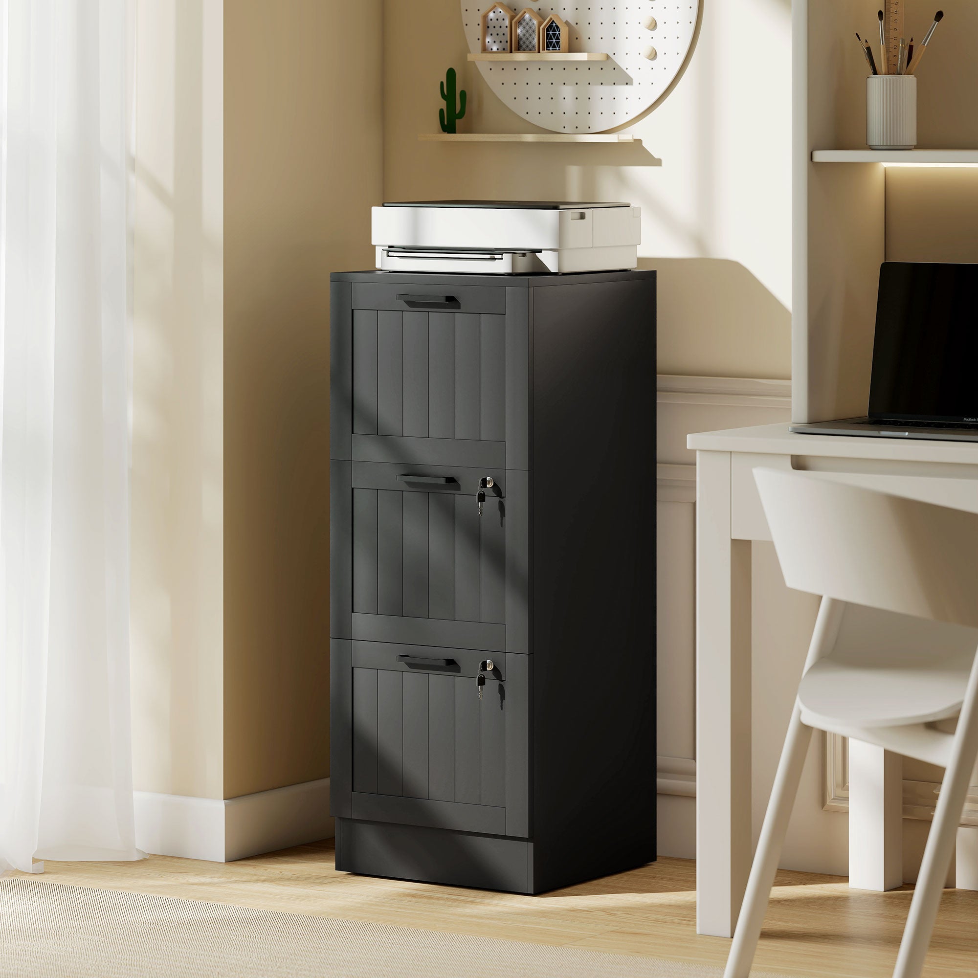 3 Drawer Filing Cabinet with Lock, Office Storage Cabinet with Adjustable Hanging Bars for A4 Letter Size Files, Black-Office Products > Office Furniture > Office Cabinets & Cupboards-DECOROLALA
