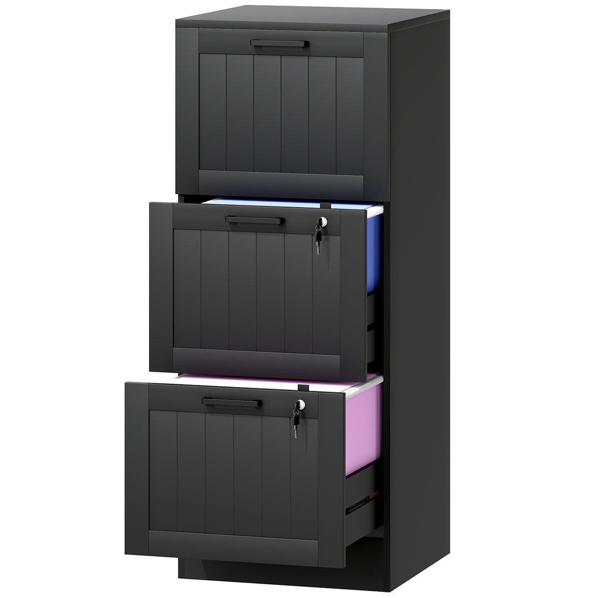3 Drawer Filing Cabinet with Lock, Office Storage Cabinet with Adjustable Hanging Bars for A4 Letter Size Files, Black-Office Storage Cabinets-DECOROLALA