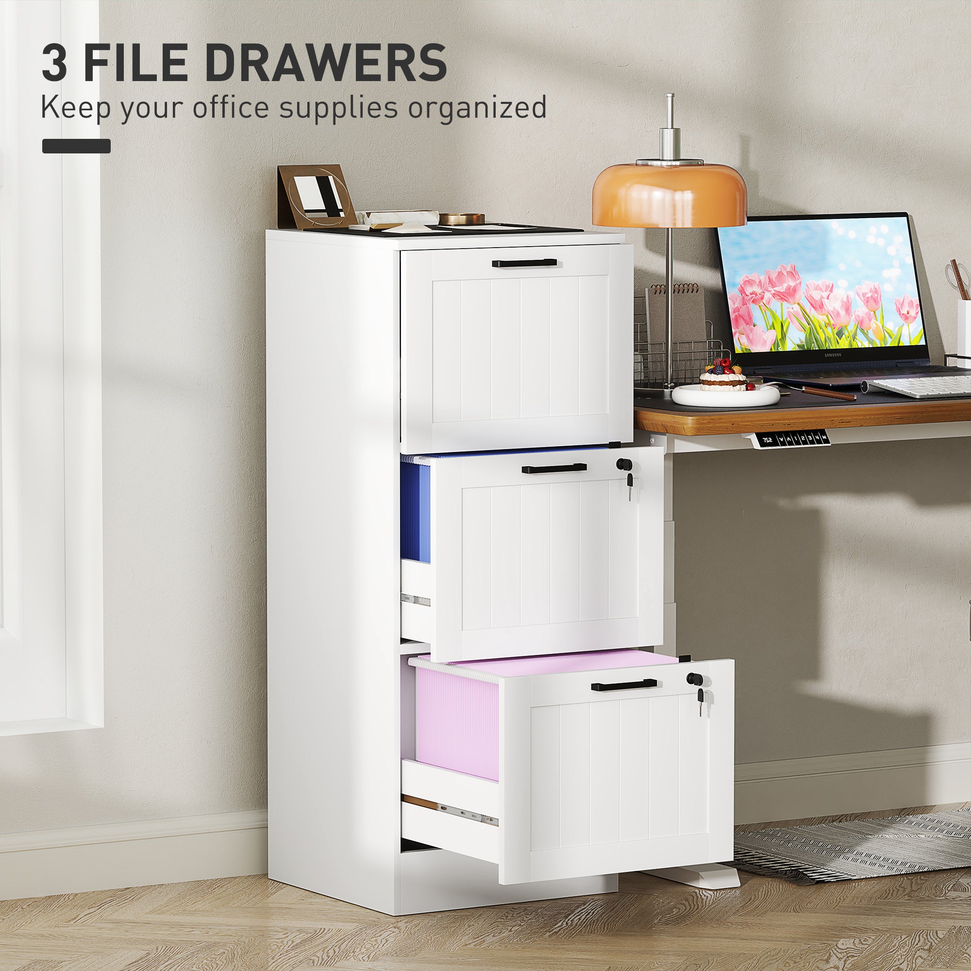 3 Drawer Filing Cabinet with Lock, Office Storage Cabinet with Adjustable Hanging Bars for A4 Letter Size Files, White-Office Products > Office Furniture > Office Cabinets & Cupboards-DECOROLALA