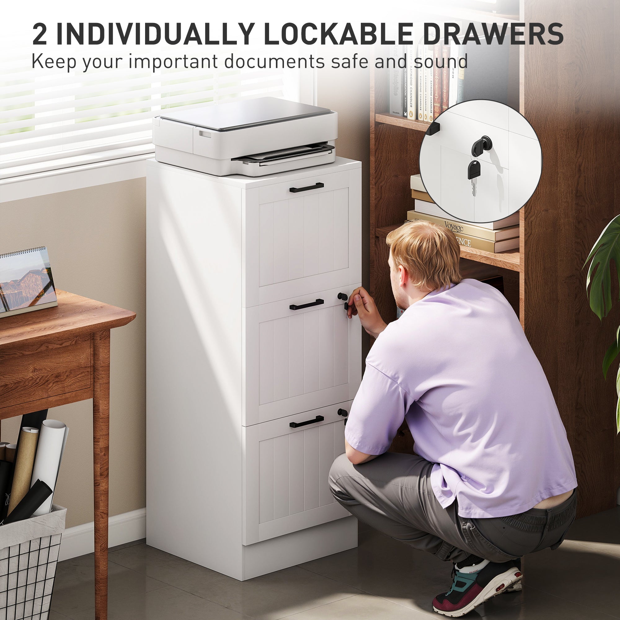 3 Drawer Filing Cabinet with Lock, Office Storage Cabinet with Adjustable Hanging Bars for A4 Letter Size Files, White-Office Products > Office Furniture > Office Cabinets & Cupboards-DECOROLALA