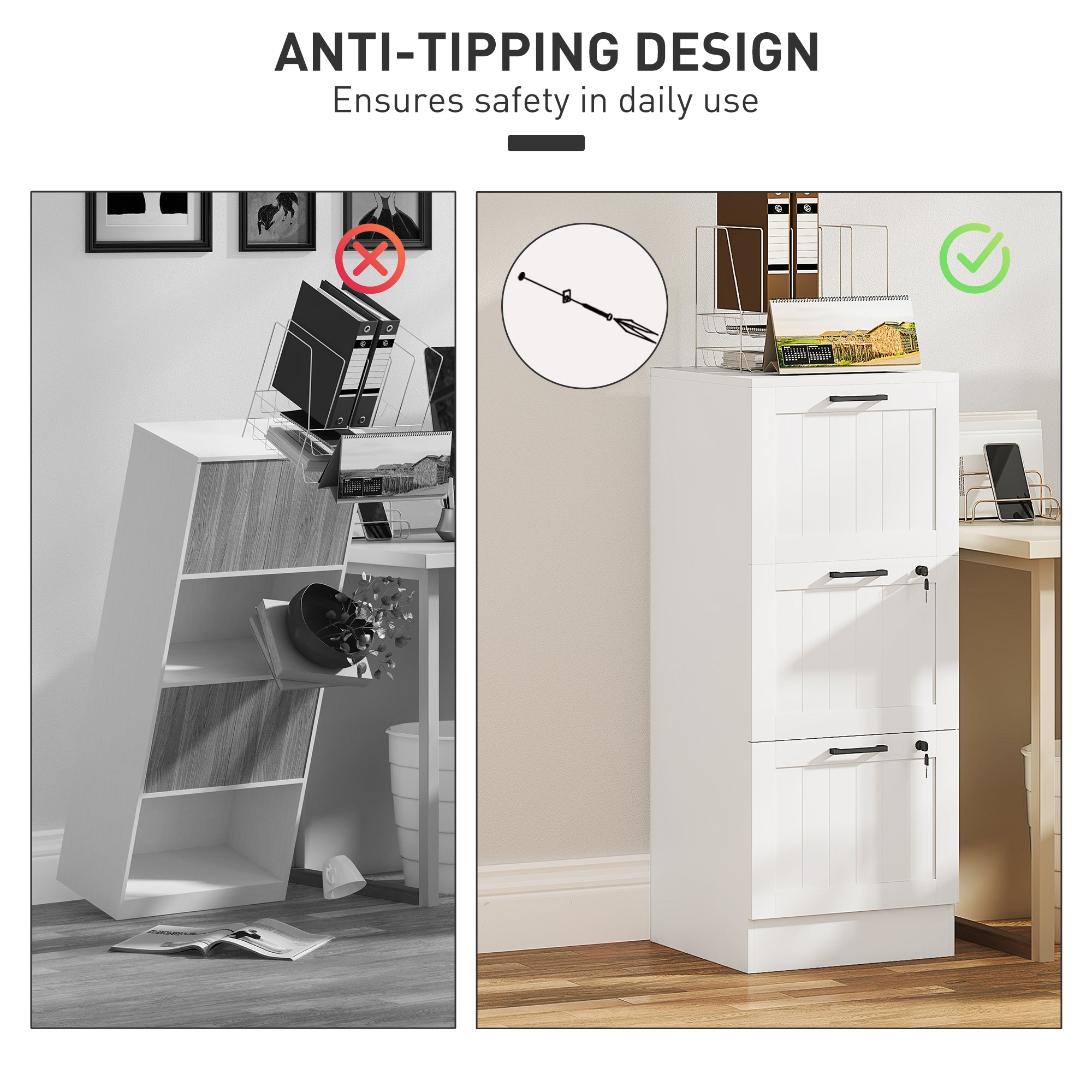 3 Drawer Filing Cabinet with Lock, Office Storage Cabinet with Adjustable Hanging Bars for A4 Letter Size Files, White-Office Products > Office Furniture > Office Cabinets & Cupboards-DECOROLALA