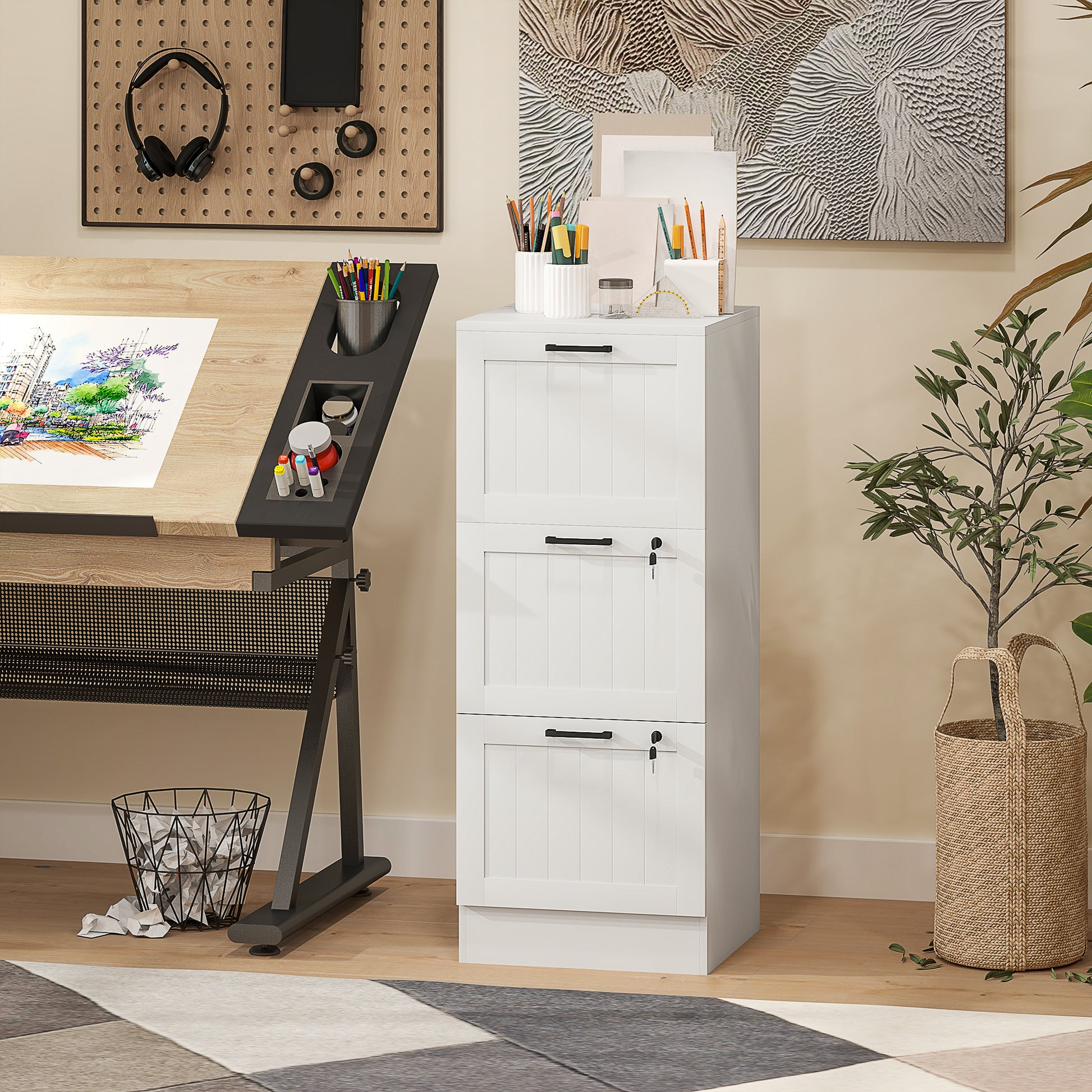3 Drawer Filing Cabinet with Lock, Office Storage Cabinet with Adjustable Hanging Bars for A4 Letter Size Files, White-Office Products > Office Furniture > Office Cabinets & Cupboards-DECOROLALA