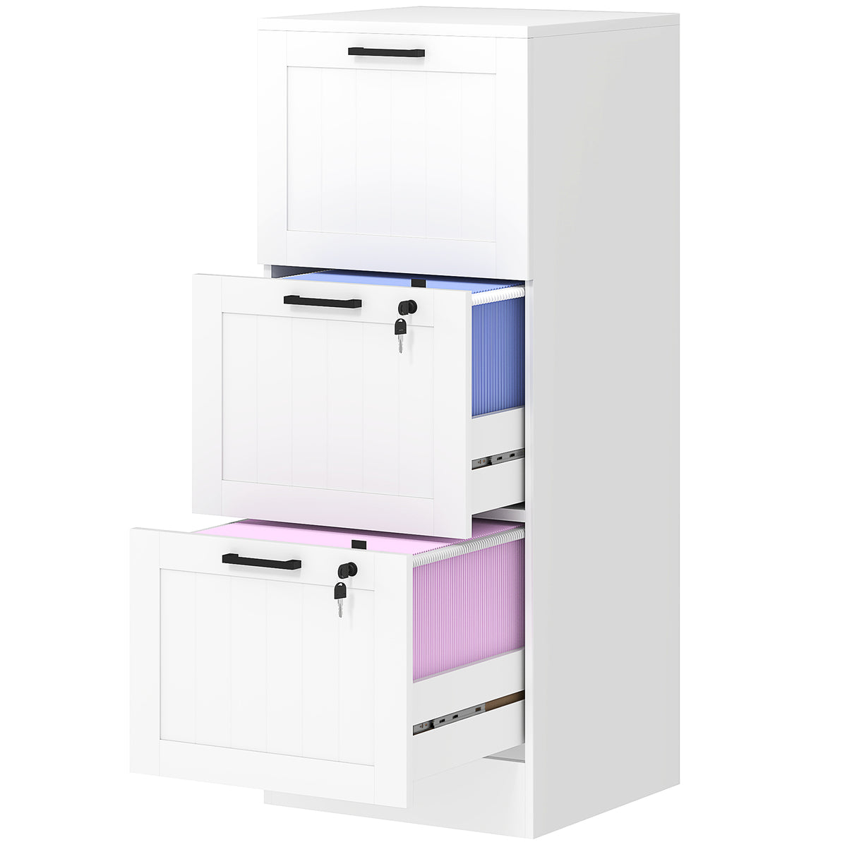 3 Drawer Filing Cabinet with Lock, Office Storage Cabinet with Adjustable Hanging Bars for A4 Letter Size Files, White-Office Storage Cabinets-DECOROLALA
