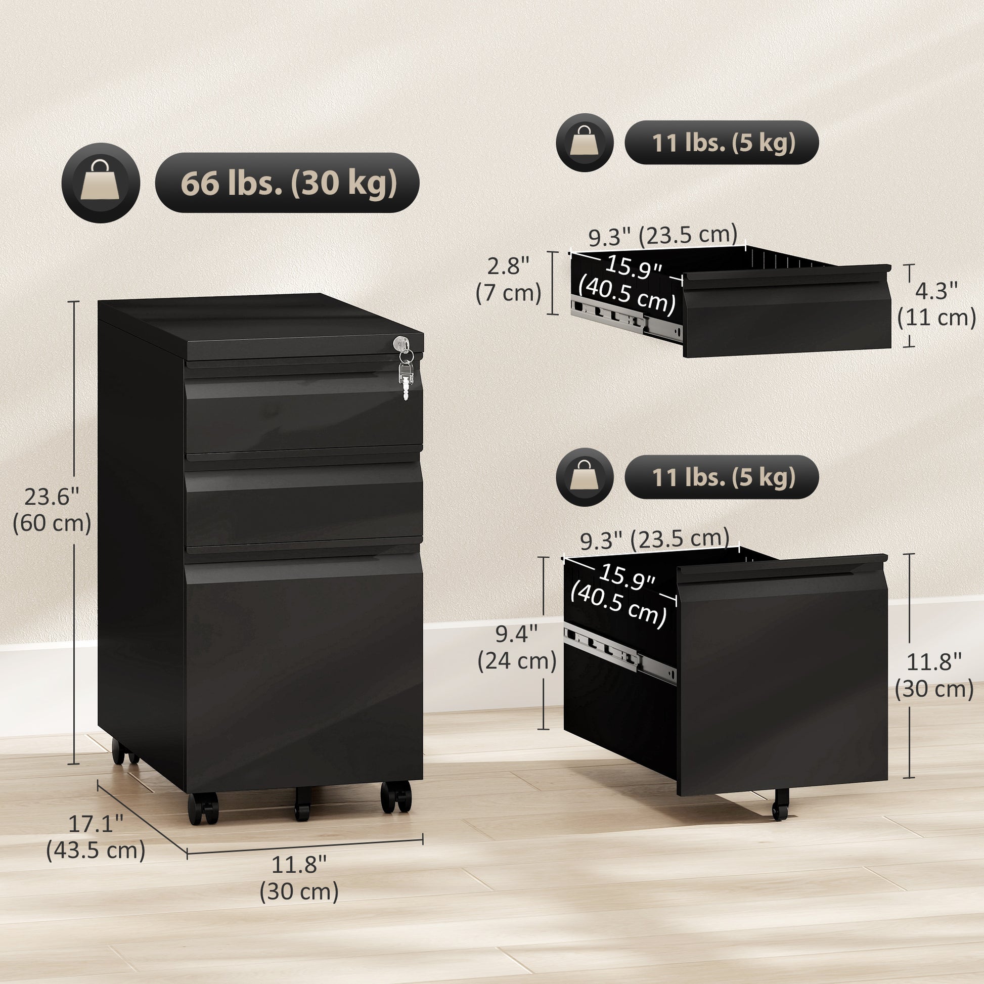3 Drawer Filing Cabinet with Lock, Steel Office Storage Cabinet with Hanging Bar for A4, Legal, Letter Files, Black-Office Products > Office Furniture > Office Cabinets & Cupboards-DECOROLALA