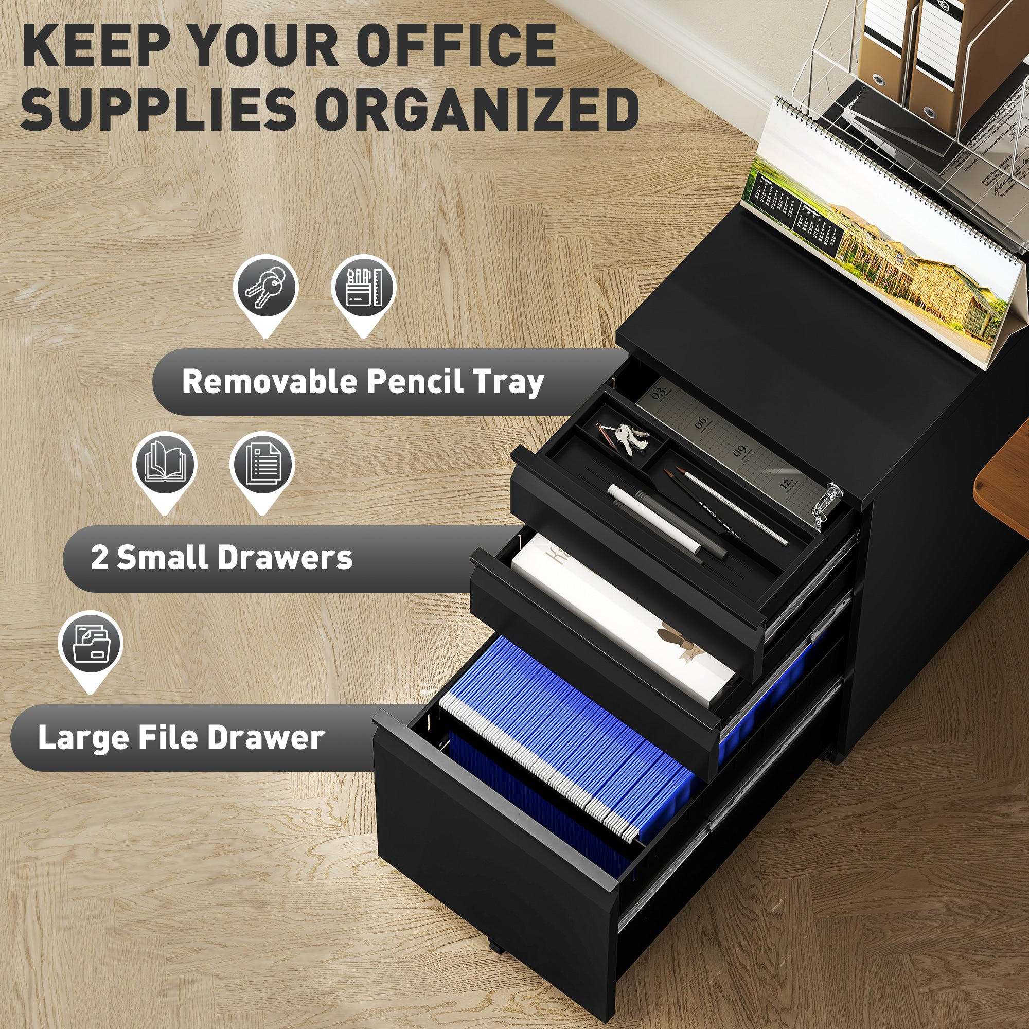 3 Drawer Filing Cabinet with Lock, Steel Office Storage Cabinet with Hanging Bar for A4, Legal, Letter Files, Black-Office Products > Office Furniture > Office Cabinets & Cupboards-DECOROLALA