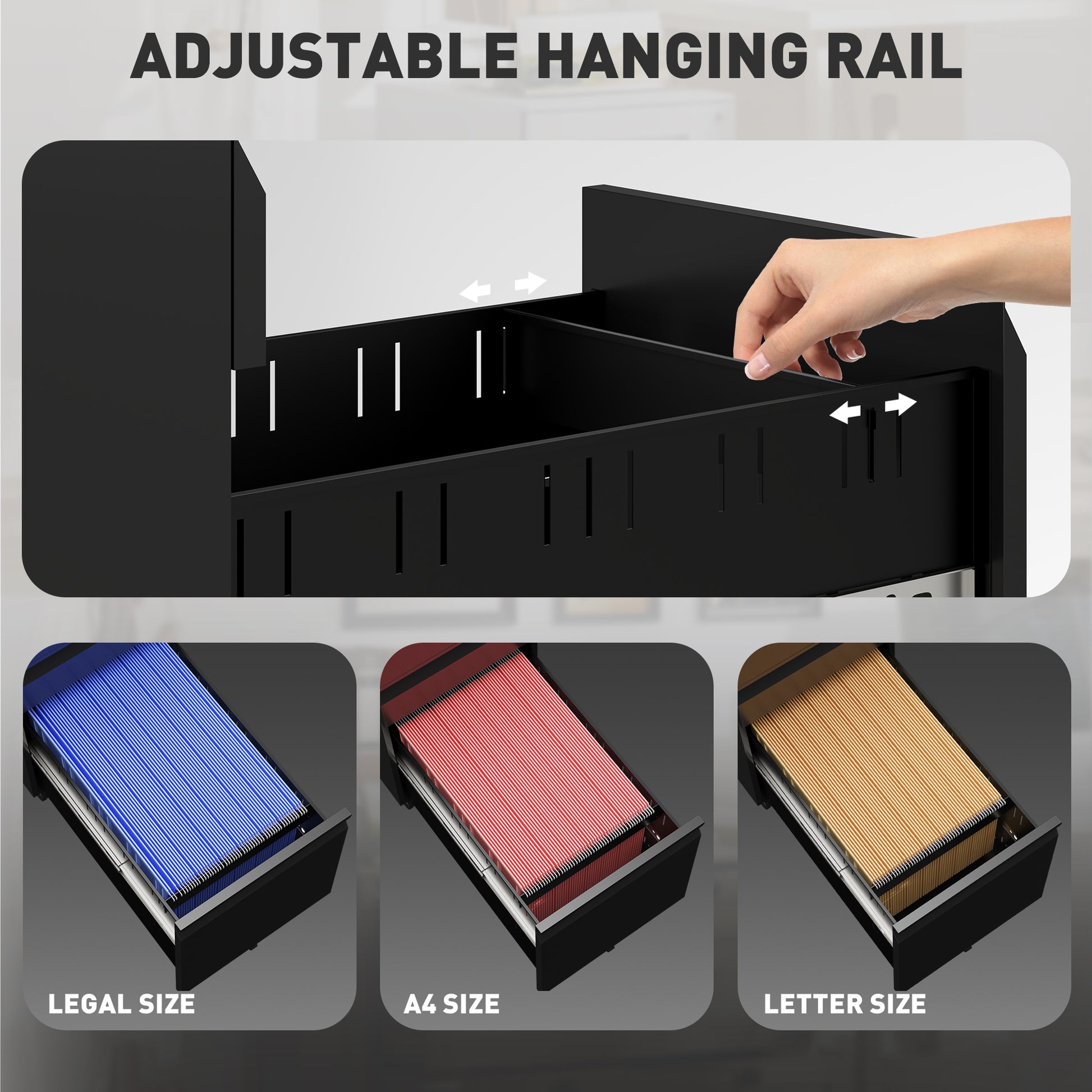 3 Drawer Filing Cabinet with Lock, Steel Office Storage Cabinet with Hanging Bar for A4, Legal, Letter Files, Black-Office Products > Office Furniture > Office Cabinets & Cupboards-DECOROLALA