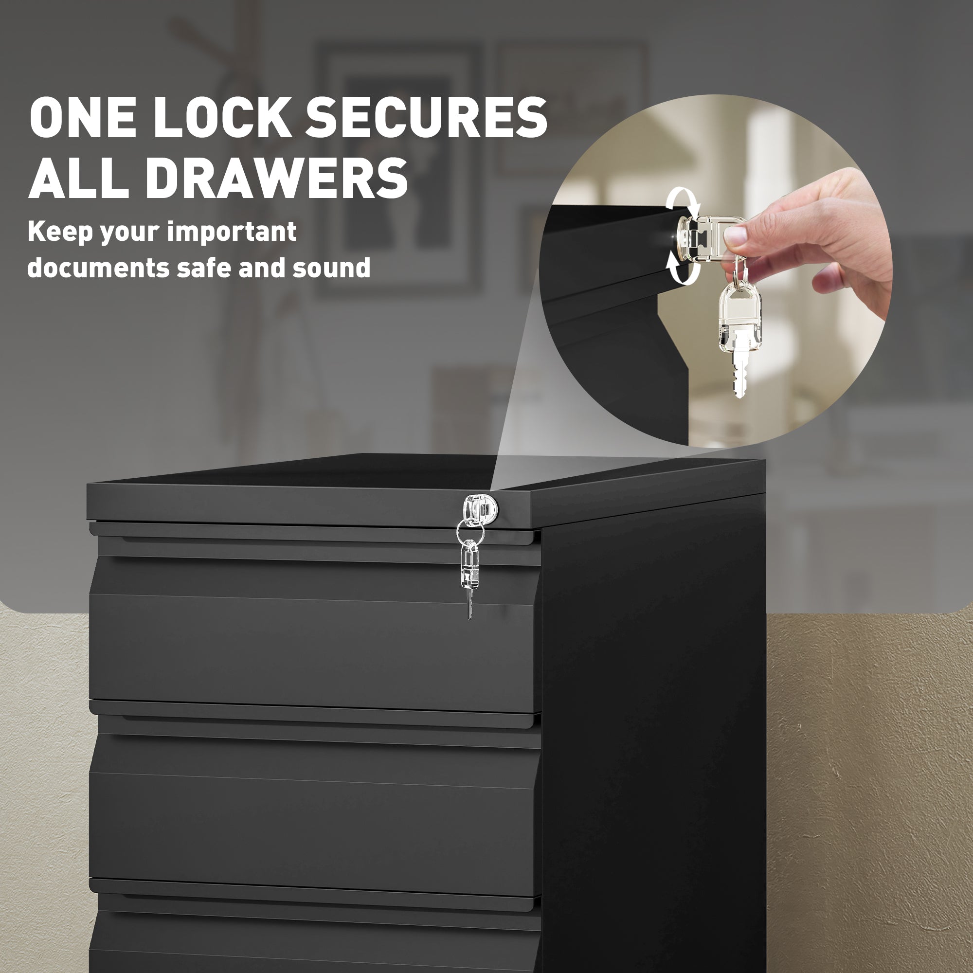 3 Drawer Filing Cabinet with Lock, Steel Office Storage Cabinet with Hanging Bar for A4, Legal, Letter Files, Black-Office Products > Office Furniture > Office Cabinets & Cupboards-DECOROLALA