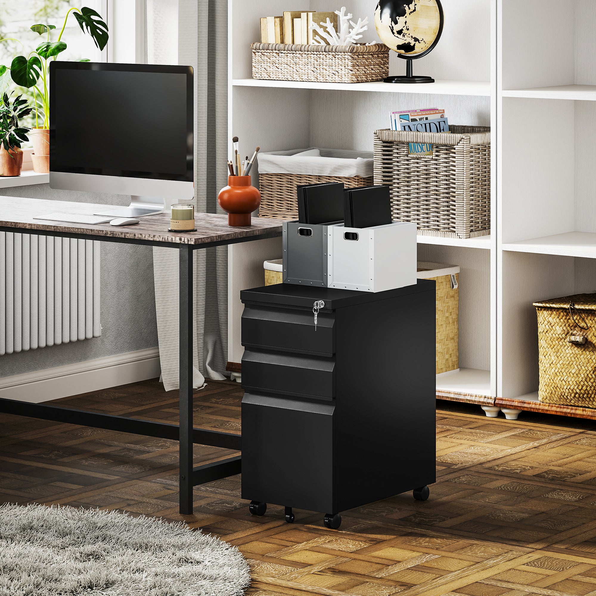 3 Drawer Filing Cabinet with Lock, Steel Office Storage Cabinet with Hanging Bar for A4, Legal, Letter Files, Black-Office Products > Office Furniture > Office Cabinets & Cupboards-DECOROLALA