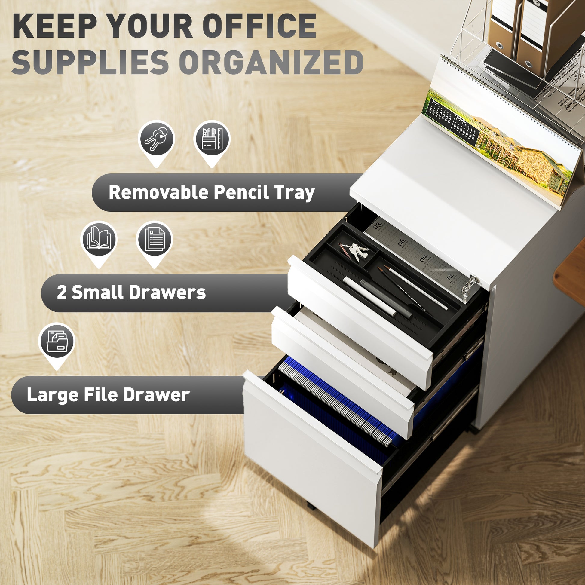 3 Drawer Filing Cabinet with Lock, Steel Office Storage Cabinet with Hanging Bar for A4, Legal, Letter Files, White-Office Products > Office Furniture > Office Cabinets & Cupboards-DECOROLALA