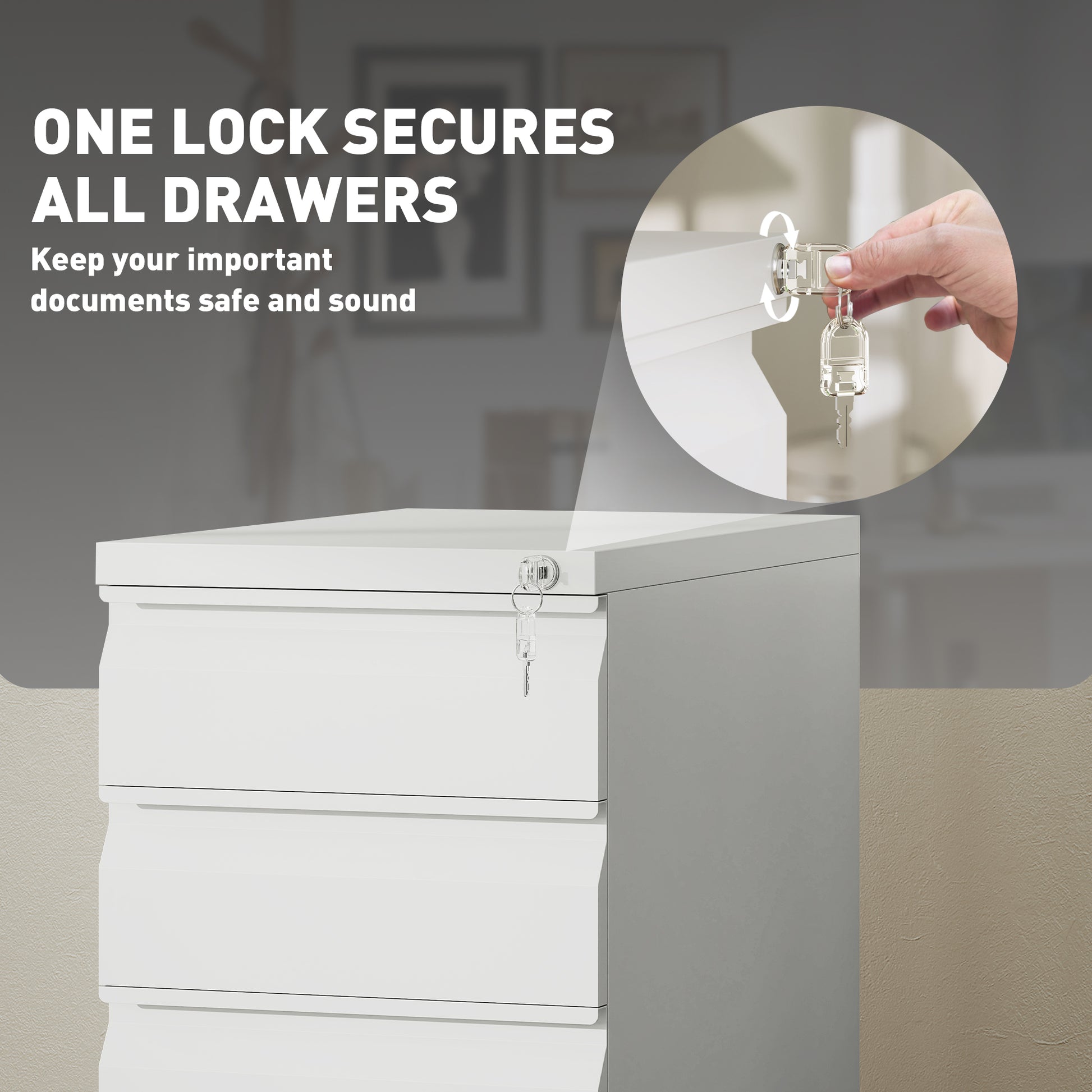 3 Drawer Filing Cabinet with Lock, Steel Office Storage Cabinet with Hanging Bar for A4, Legal, Letter Files, White-Office Products > Office Furniture > Office Cabinets & Cupboards-DECOROLALA