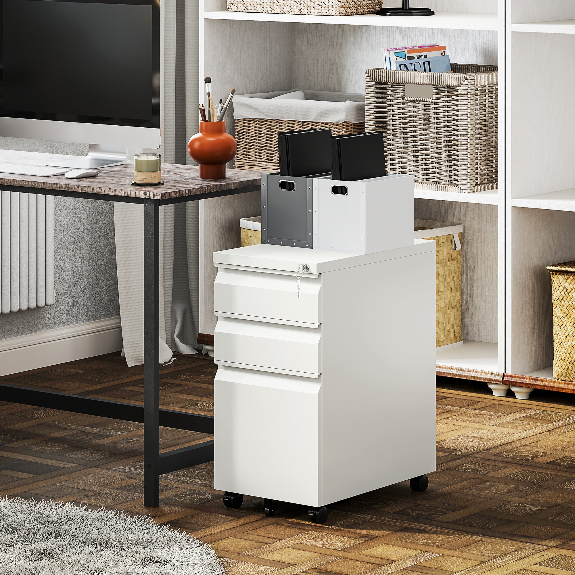 3 Drawer Filing Cabinet with Lock, Steel Office Storage Cabinet with Hanging Bar for A4, Legal, Letter Files, White-Office Products > Office Furniture > Office Cabinets & Cupboards-DECOROLALA