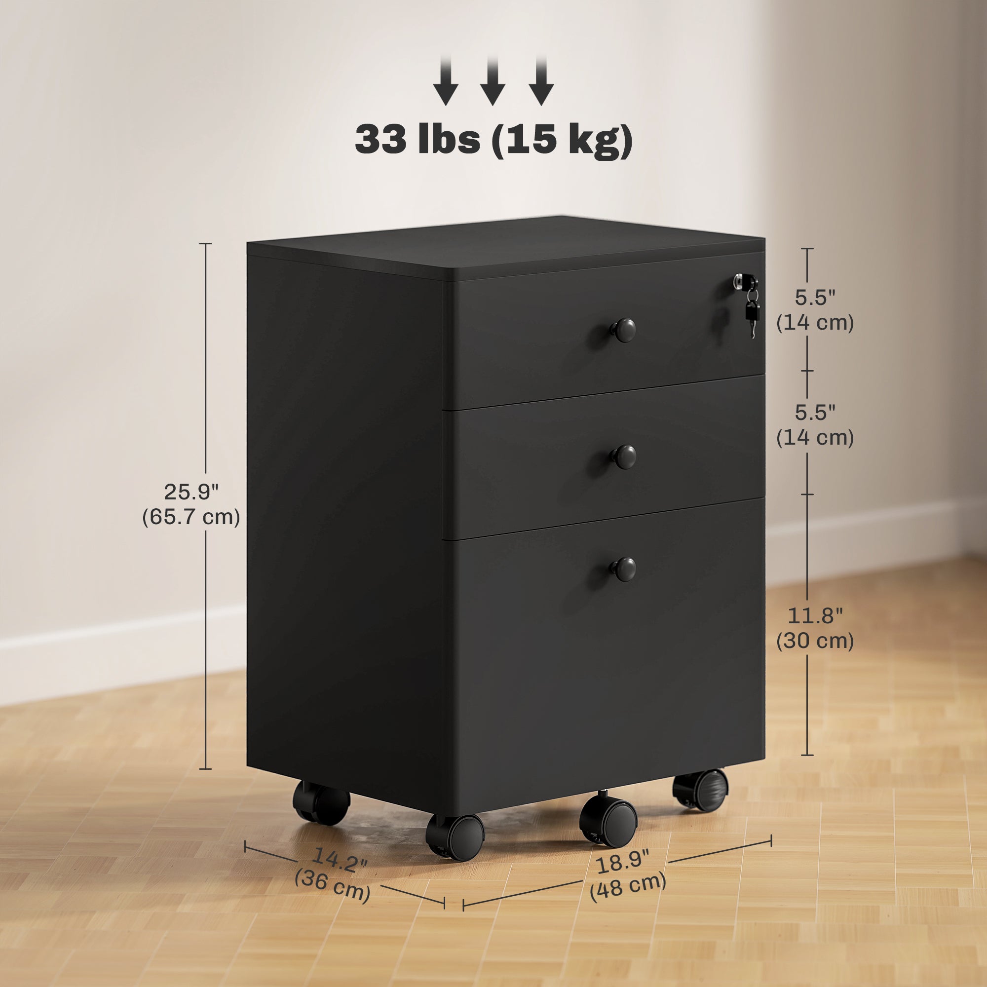 3-Drawer Filing Cabinet with Lock and Wheels - Black-Office Products > Office Furniture > Office Cabinets & Cupboards-DECOROLALA