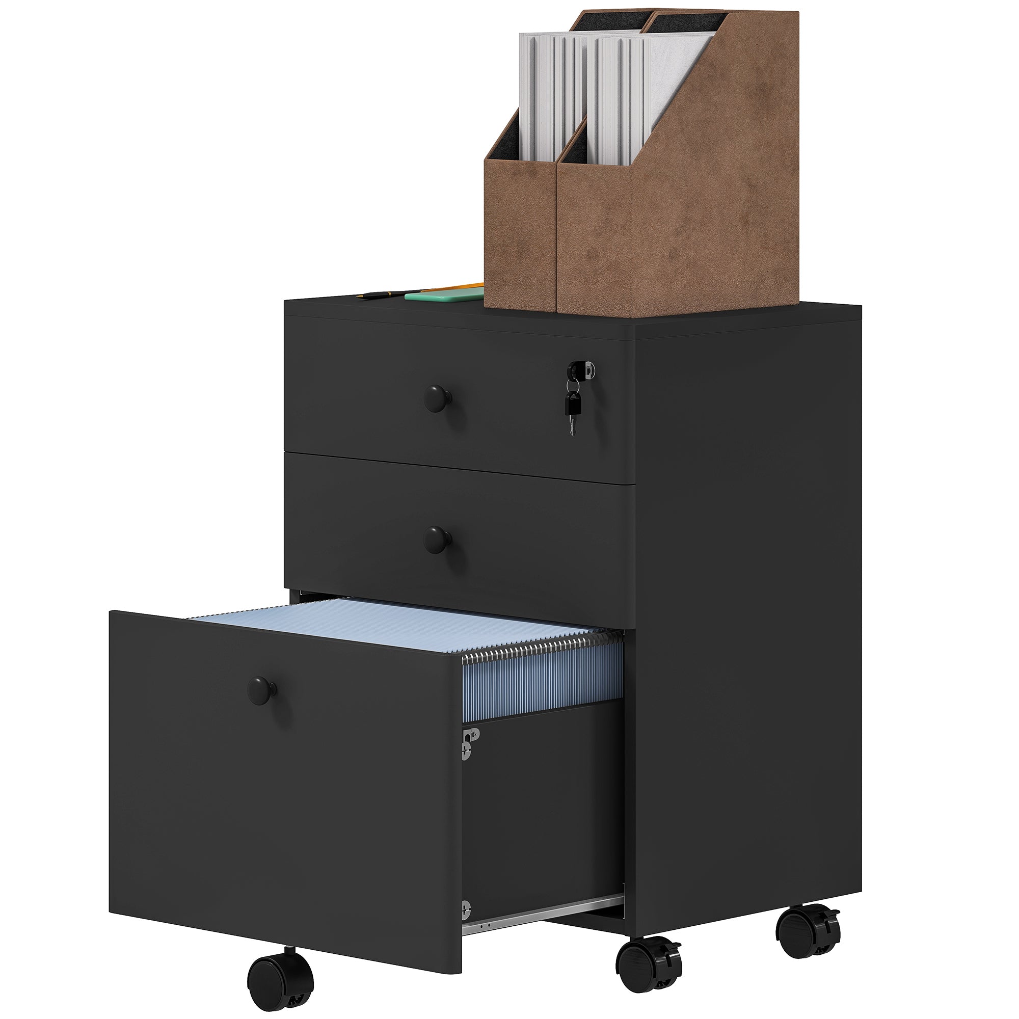 3-Drawer Filing Cabinet with Lock and Wheels - Black-Office Products > Office Furniture > Office Cabinets & Cupboards-DECOROLALA