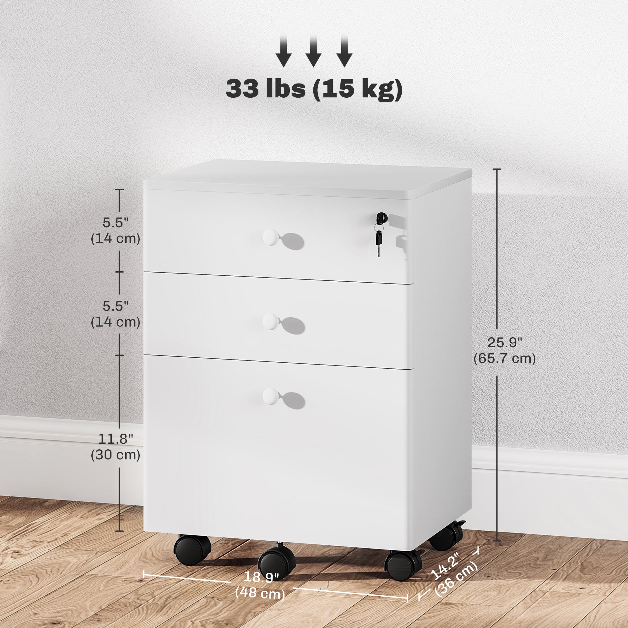 3-Drawer Filing Cabinet with Lock and Wheels - White-Office Products > Office Furniture > Office Cabinets & Cupboards-DECOROLALA