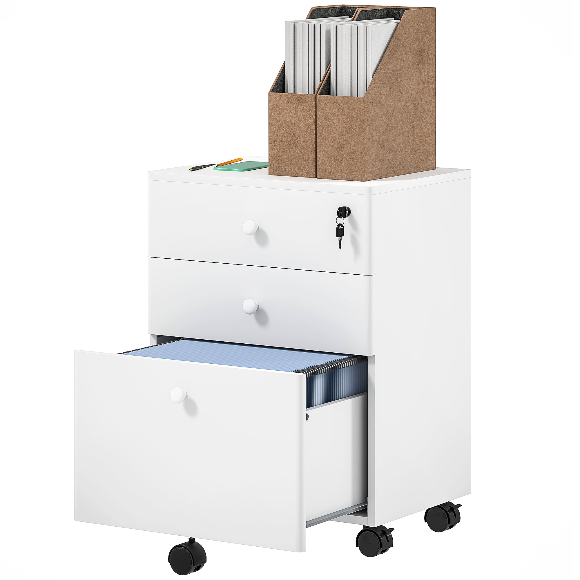 3-Drawer Filing Cabinet with Lock and Wheels - White-Office Products > Office Furniture > Office Cabinets & Cupboards-DECOROLALA