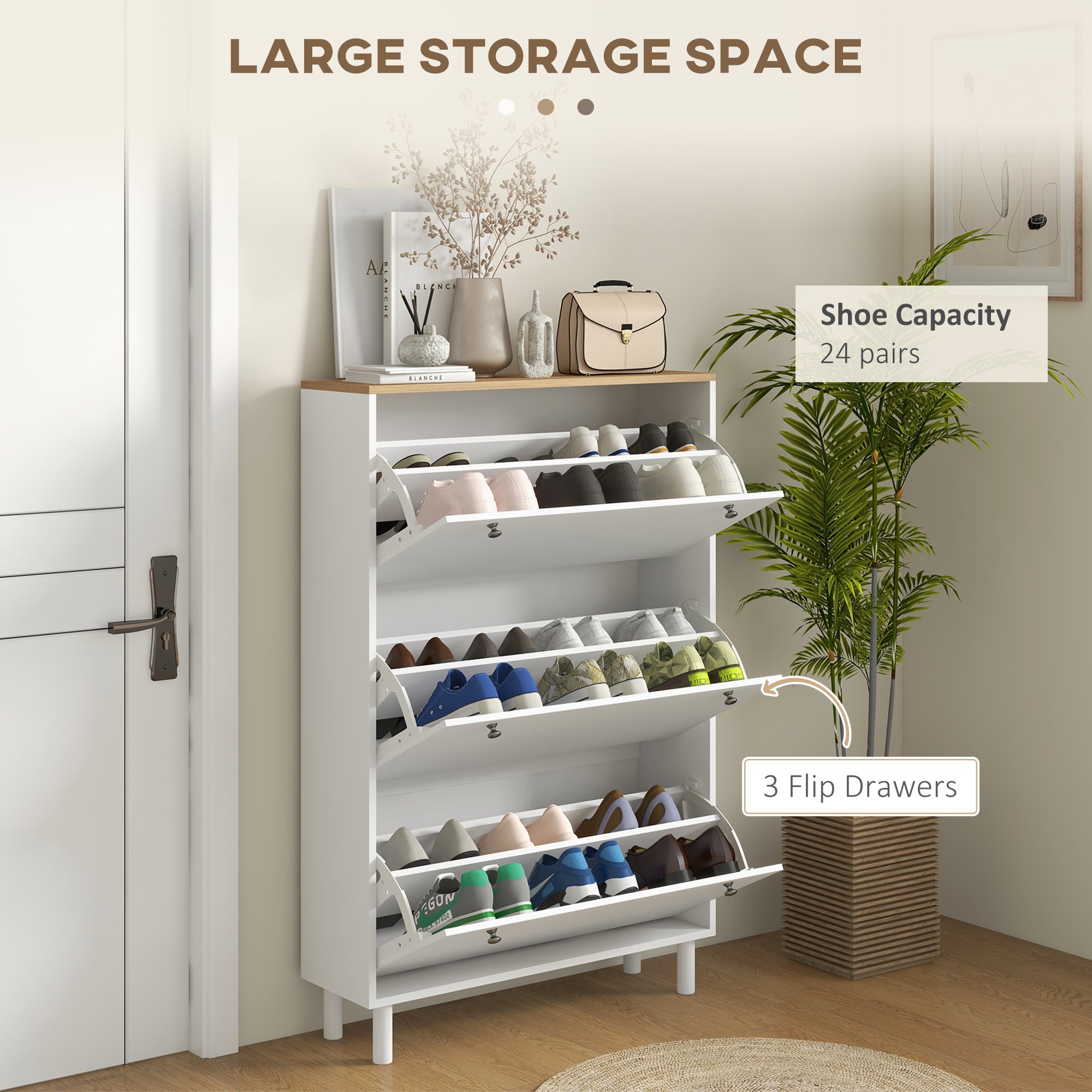 3-Drawer Flip Shoe Storage Cabinet - 24 Pair Capacity, White-DECOROLALA