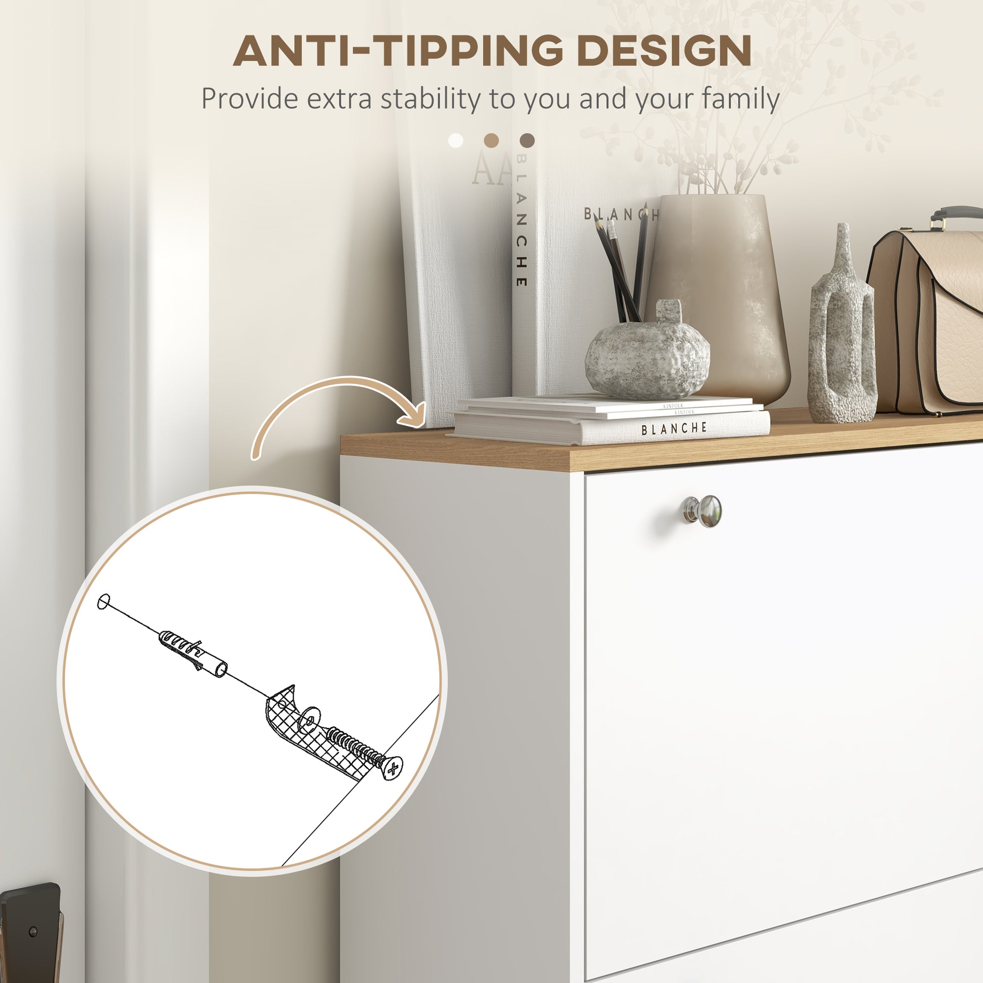 3-Drawer Flip Shoe Storage Cabinet - 24 Pair Capacity, White-DECOROLALA