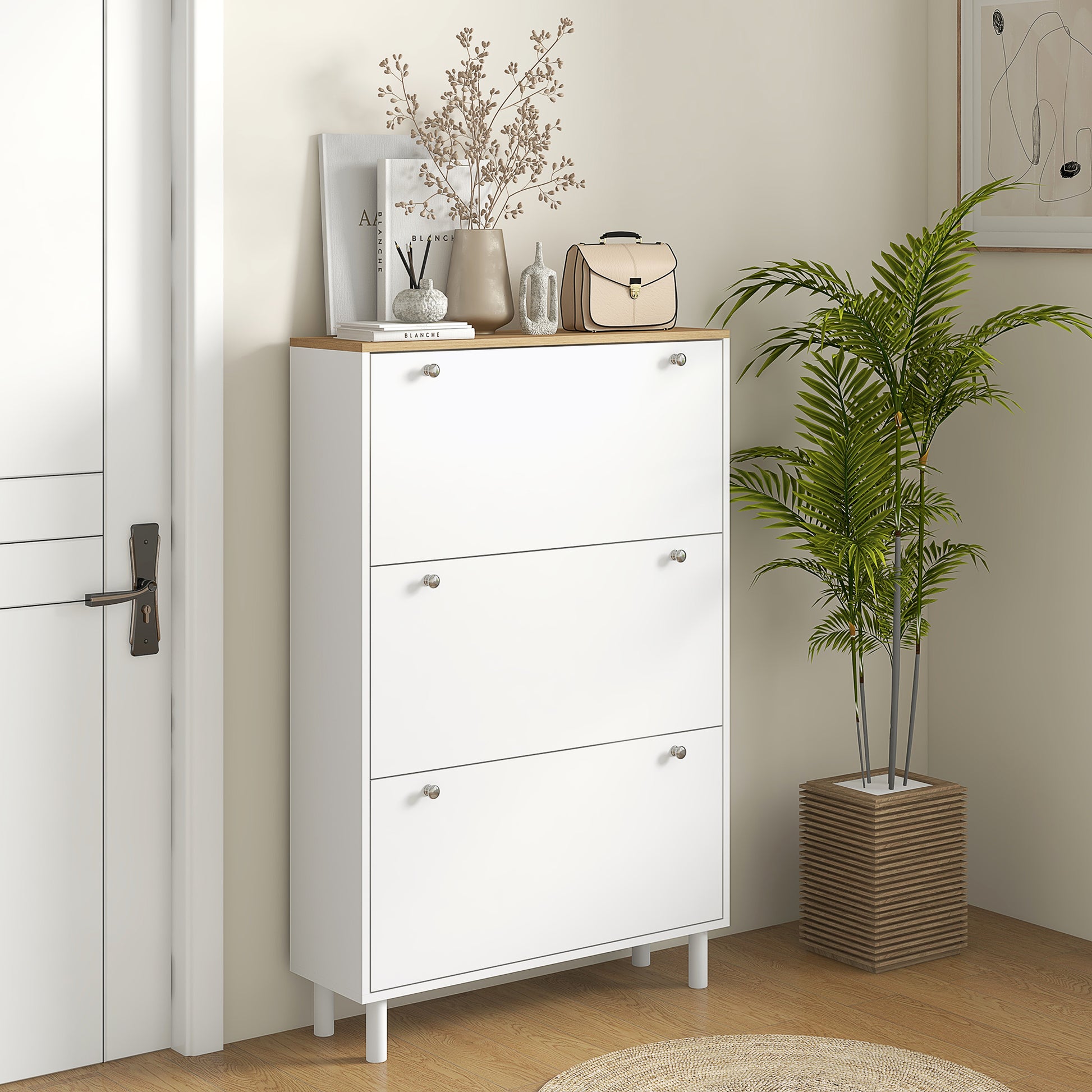 3-Drawer Flip Shoe Storage Cabinet - 24 Pair Capacity, White-DECOROLALA