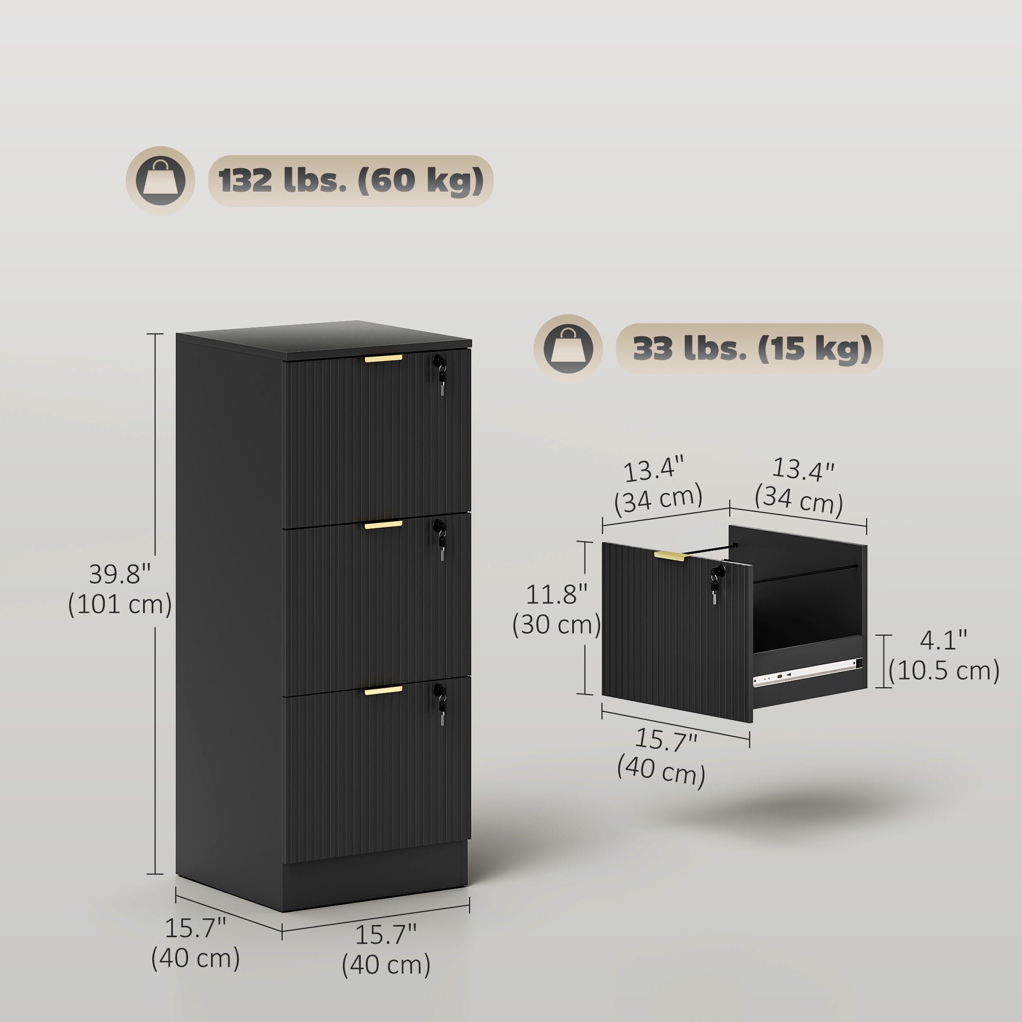 3-Drawer Lockable Filing Cabinet - Black Fluted MDF-Office Products > Office Furniture > Office Cabinets & Cupboards-DECOROLALA