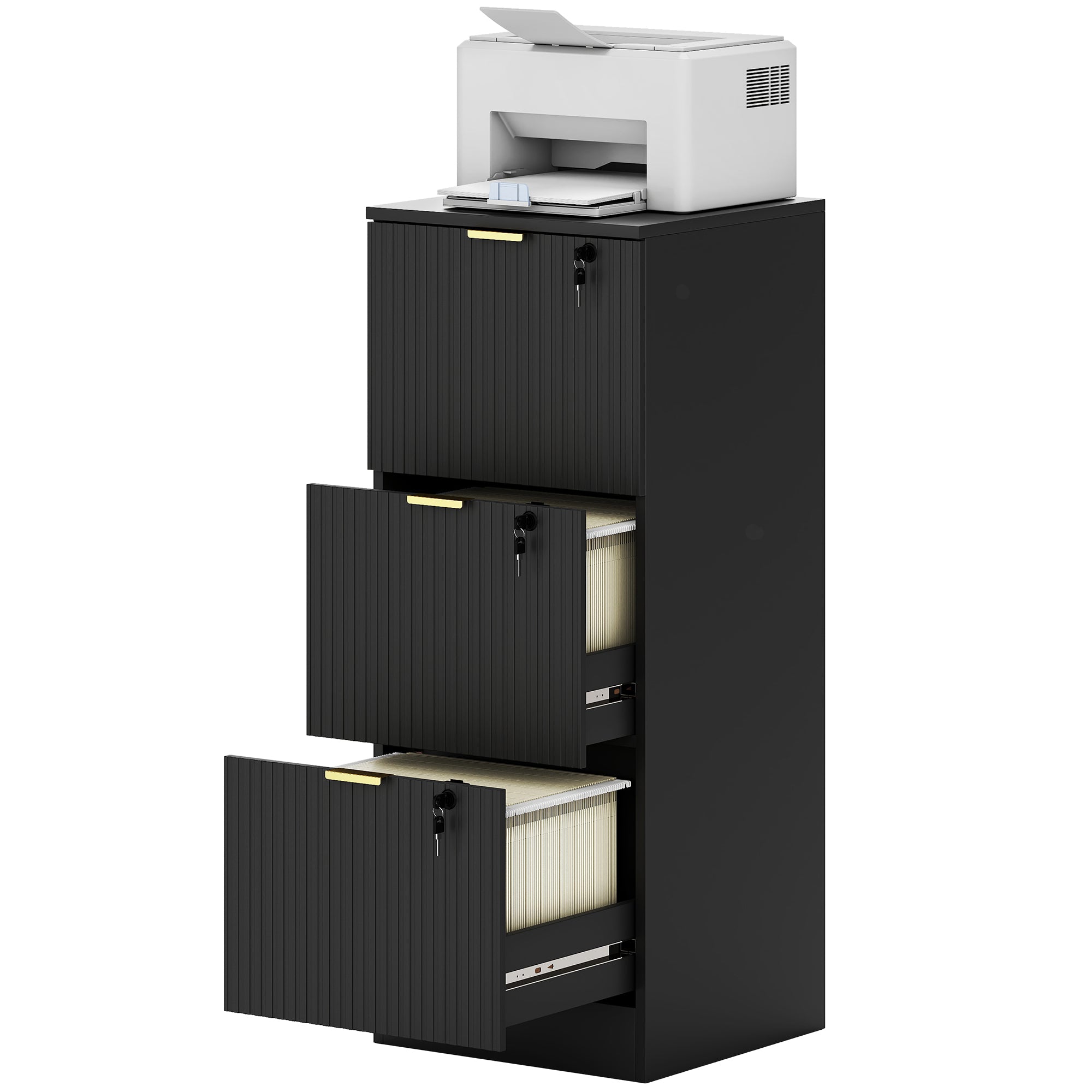 3-Drawer Lockable Filing Cabinet - Black Fluted MDF-Office Products > Office Furniture > Office Cabinets & Cupboards-DECOROLALA