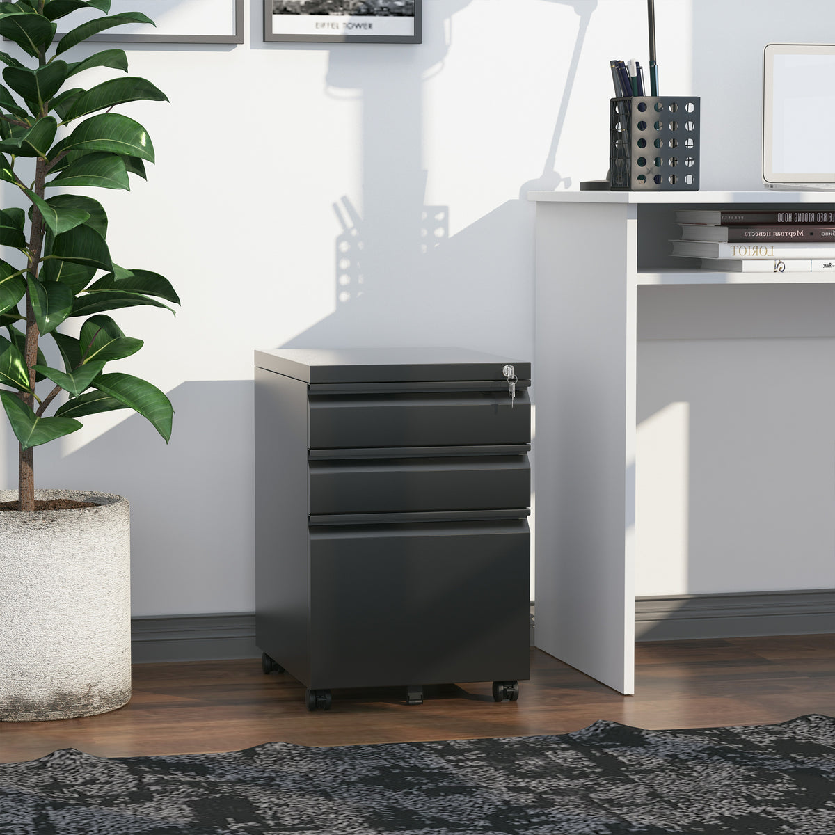 3-Drawer Lockable Steel Filing Cabinet on Wheels - Black-Office Products > Office Furniture > Office Cabinets & Cupboards-DECOROLALA