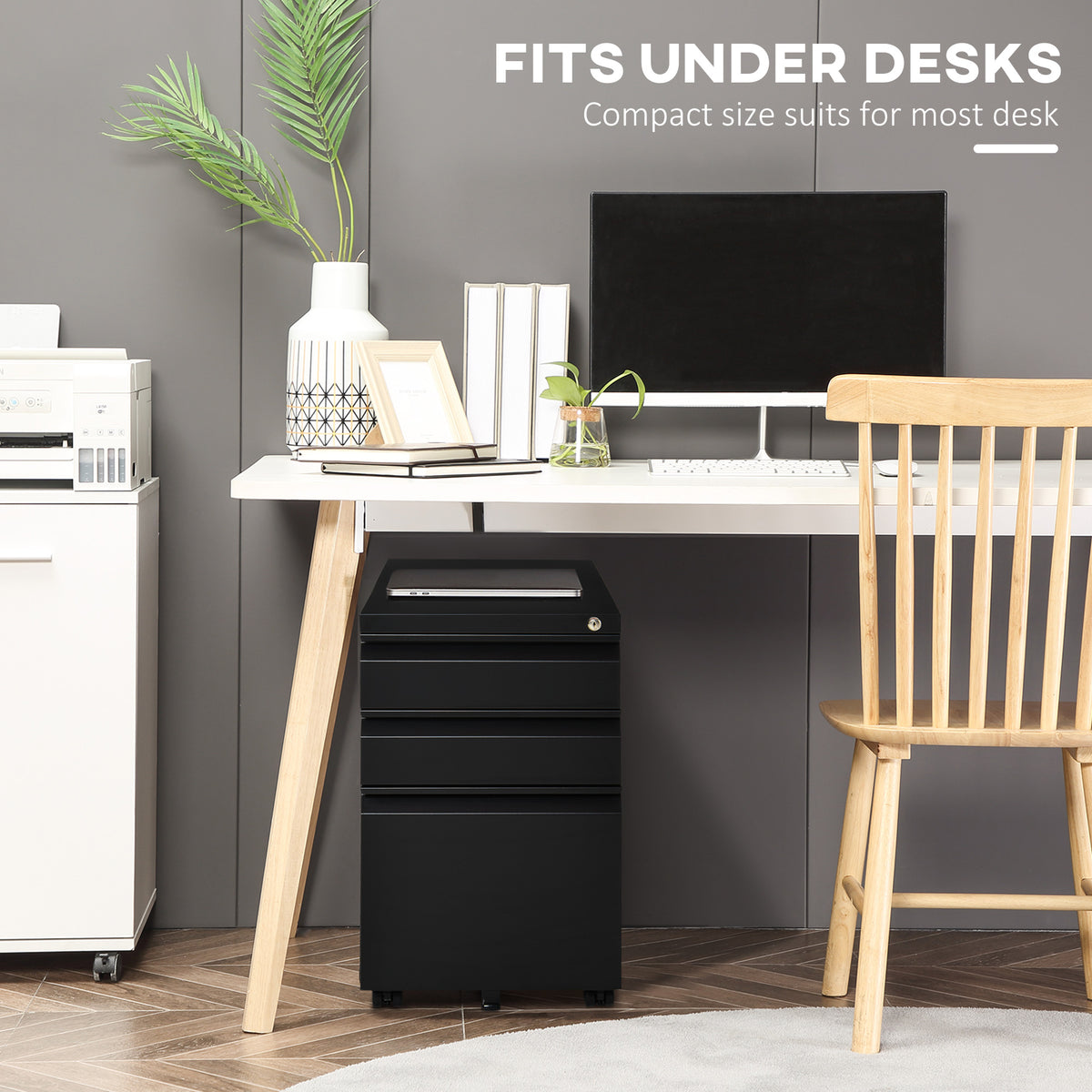 3-Drawer Lockable Steel Filing Cabinet on Wheels - Black-Office Storage Cabinets-DECOROLALA