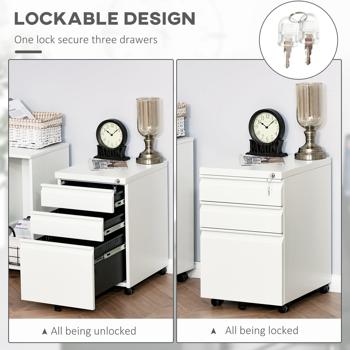 3 Drawer Lockable Steel Filing Cabinet on Wheels - White-Office Storage Cabinets-DECOROLALA